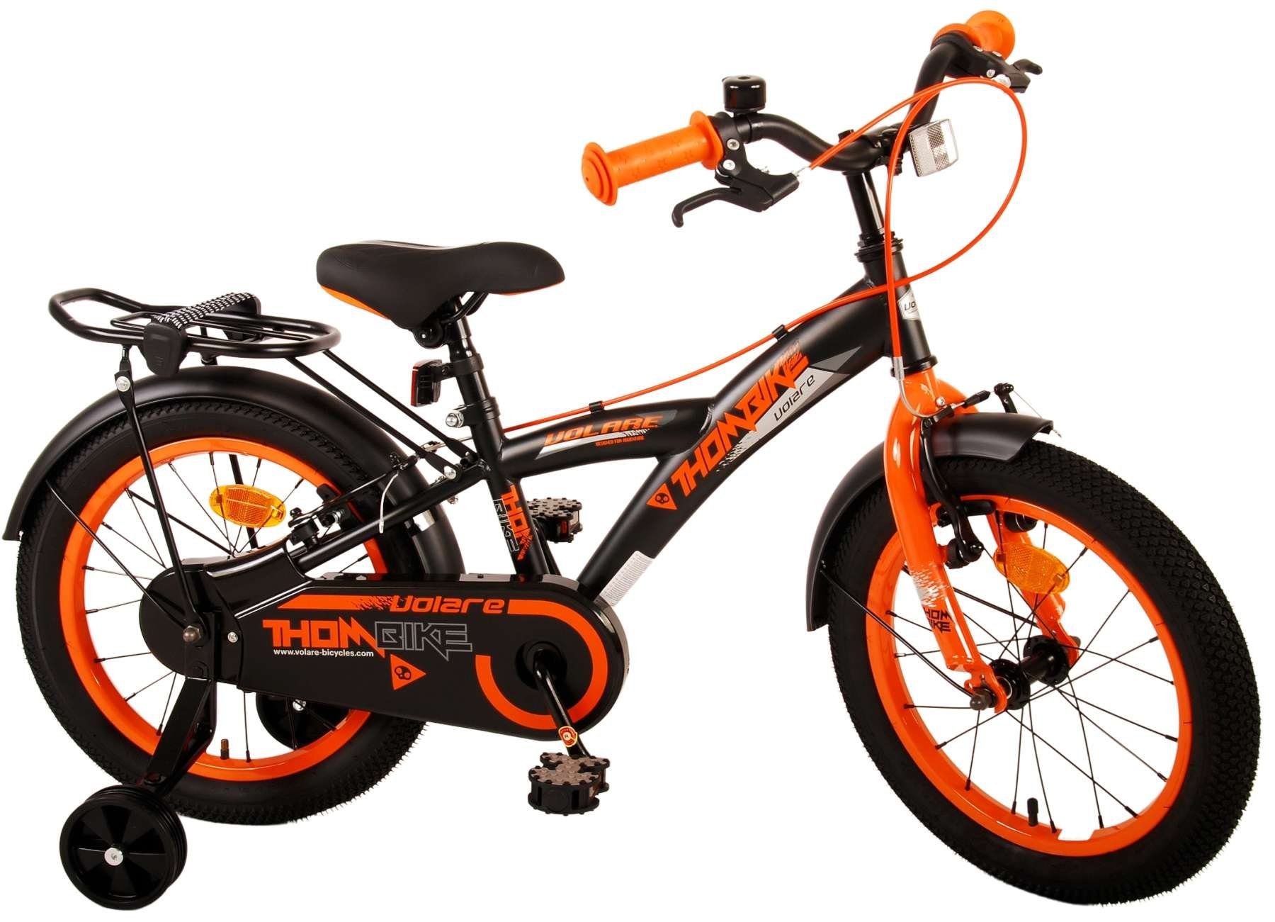 Volare Kinderfahrrad Thombike - 16 oder 18 Zoll - Zweihandbremsen - bis 60 kg, 85% zusammengebaut, 4 - 7 Jahre, Luftbereifung schwarz-orange
