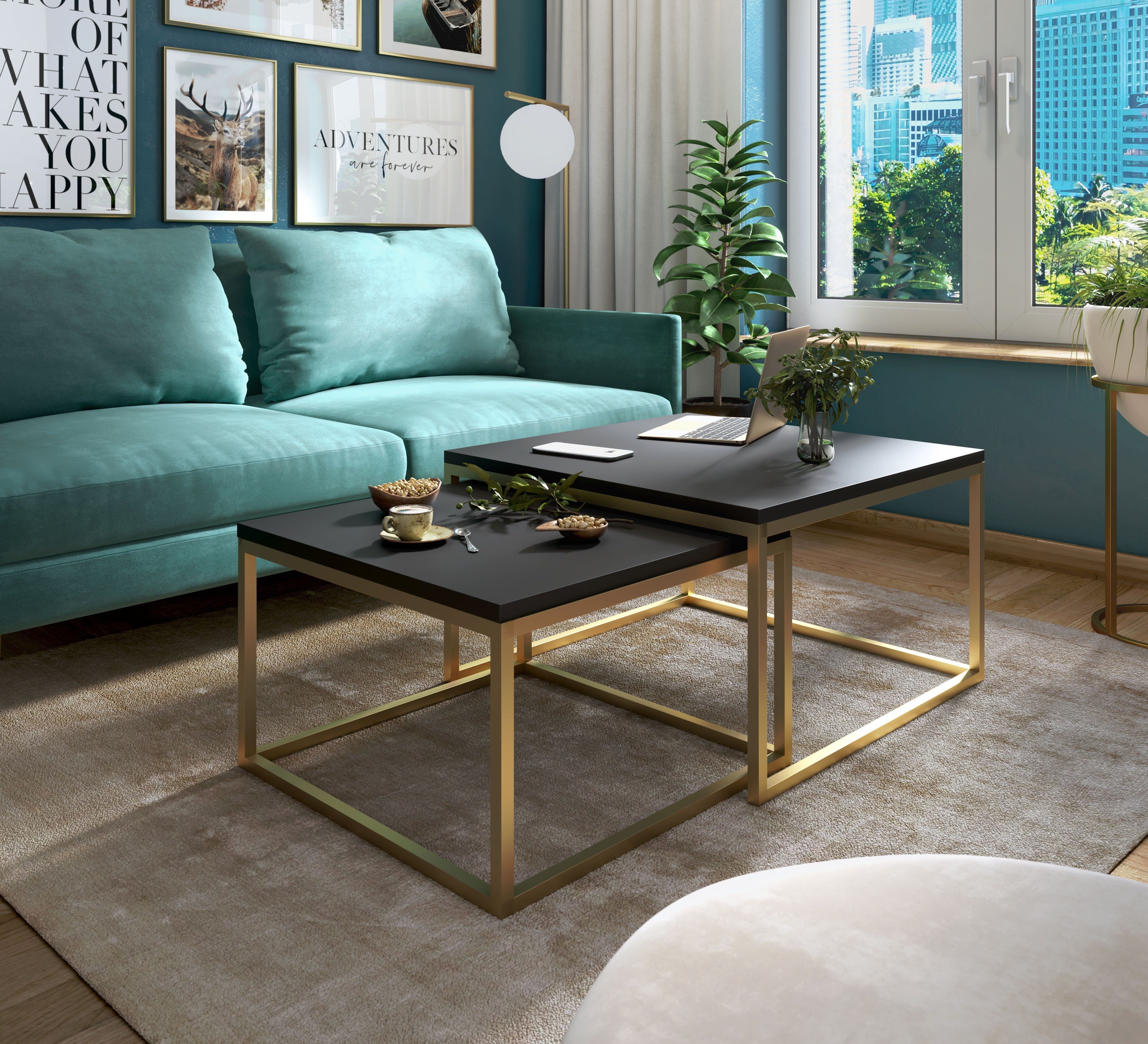 Lookway Couchtisch YOSHI 2in1 mit matt schwarze Platte auf mattem Goldgeste günstig online kaufen