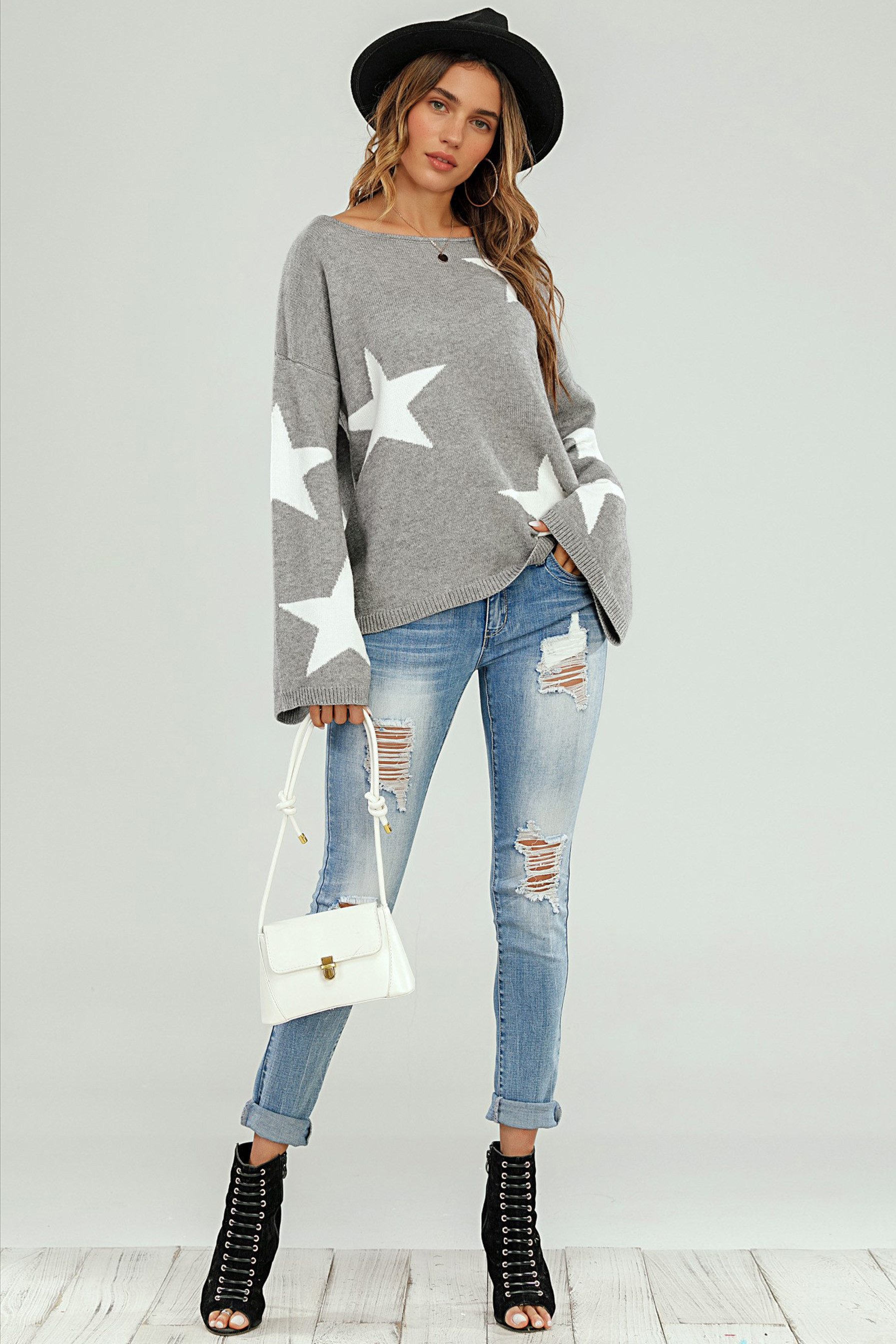 FS Collection Strickpullover Oversize Pullover mit weiten Ärmeln und Stern – Strickwaren (Einheitsgröße: UK 8–12 / EU 36–40, 5 Farben : Grau, Schwarz, Creme, Rot, Dunkelgrün) 100 % Acryl