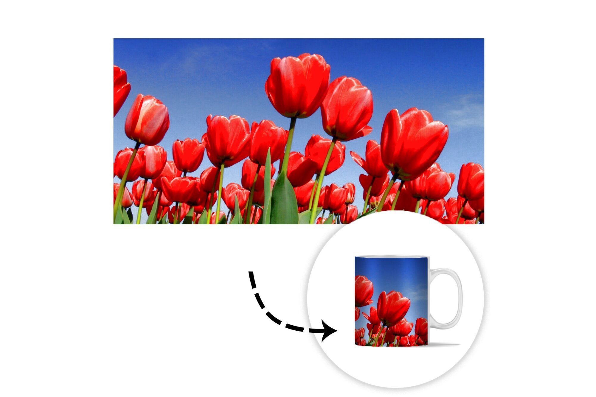 MuchoWow Tasse Die Sonne scheint Keramik, die Tulpen, Becher, über roten Teetasse, Geschenk Kaffeetassen, Teetasse