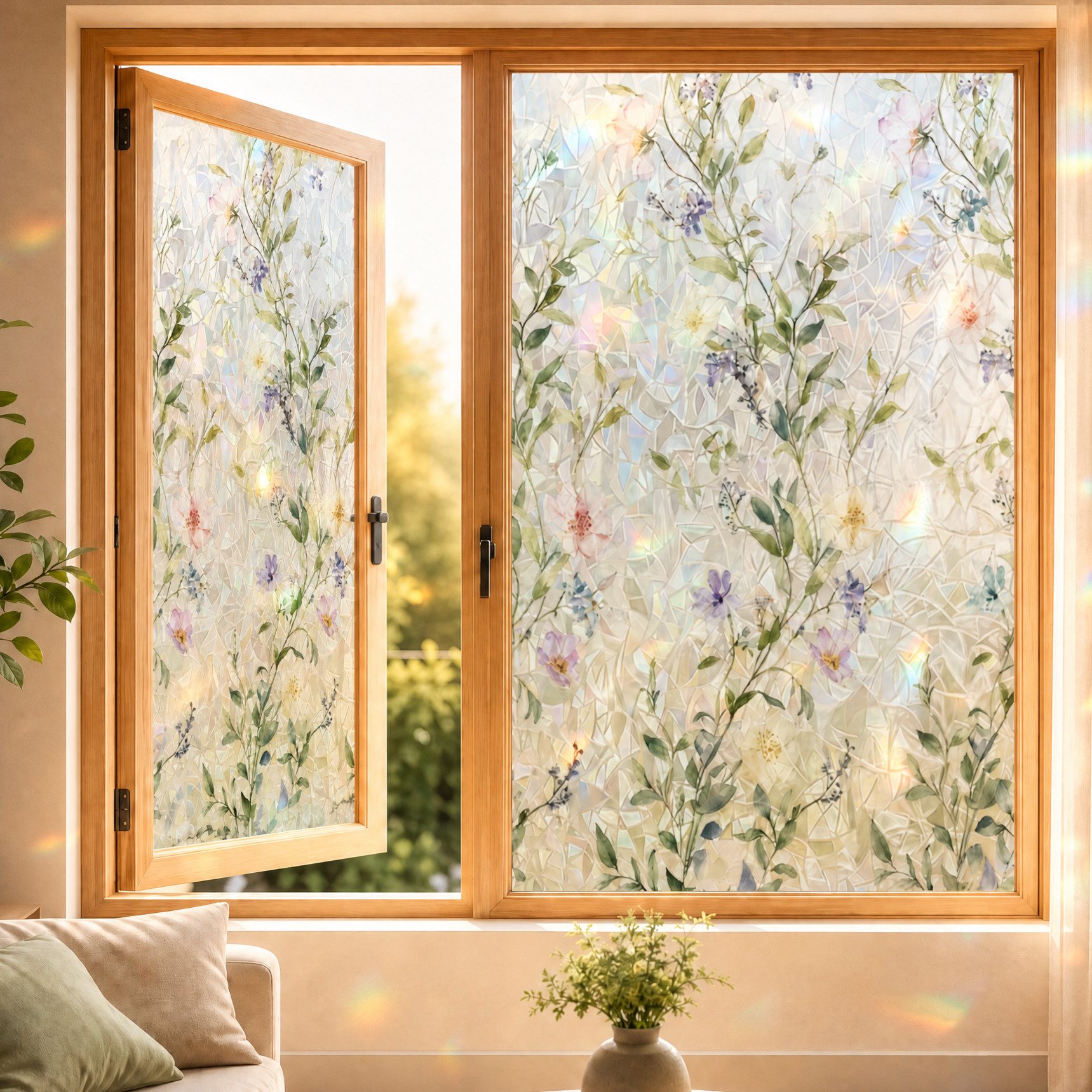 HomeBella Fensterfolie Blumen Buntglasoptik Dekorative Glasdekorfolie mit Blättermuster, Milchglasstruktur für Fenster & Glastüren