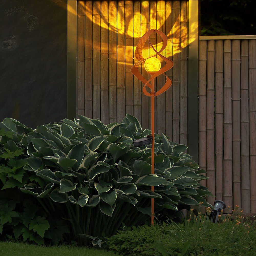 etc-shop LED Solarleuchte, Solarlampen für außen Garten Steckleuchte IP44  Akku Solarleuchten Garten, Rotierend, Metall rostfarben Glas amber crackle,  1x LED 3000K, DxH 14,5x90cm