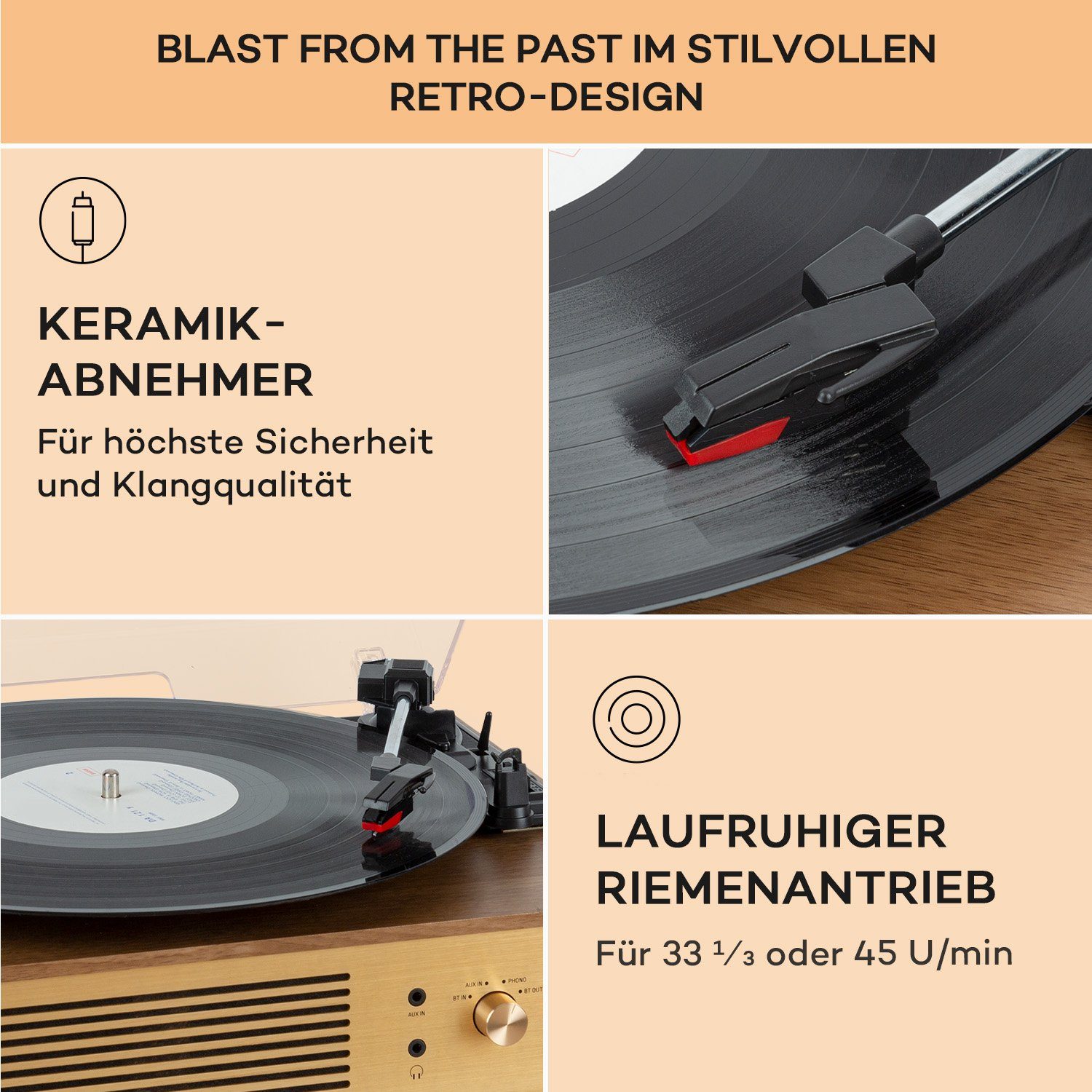 Auna Berklee TT Classic Plattenspieler (Riemenantrieb, Braun Bluetooth)