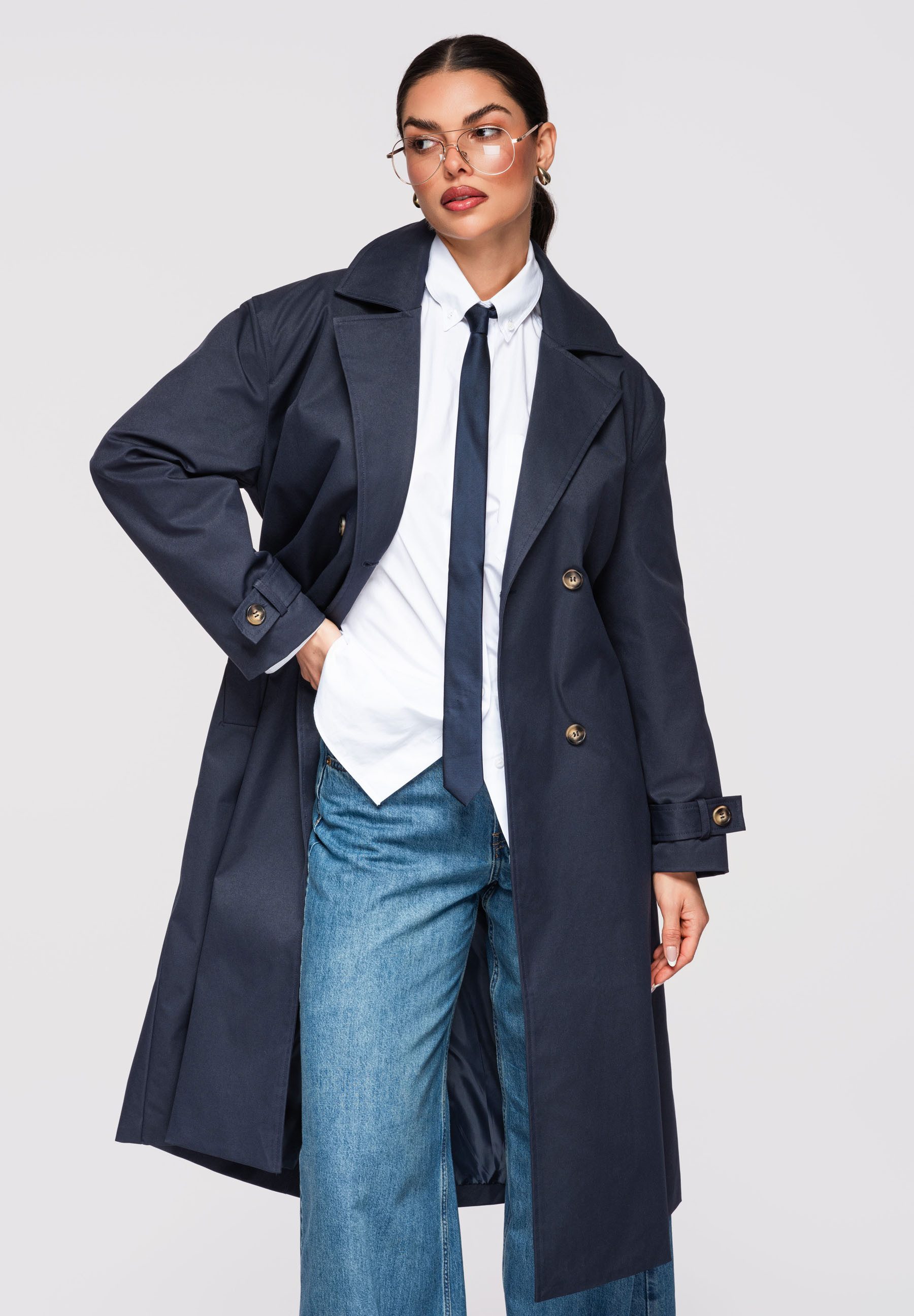OMBRE Trenchcoat Damen Mantel Midi Gürtel Elegant leicht oversize Schnitt günstig online kaufen
