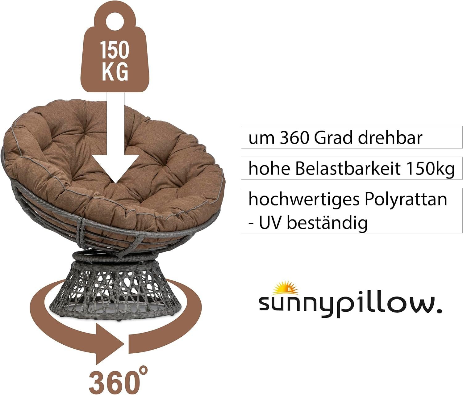 sunnypillow Rattanstuhl Papasansessel, Rattansessel mit Kissen rund Durchmesser 120 cm, Braun