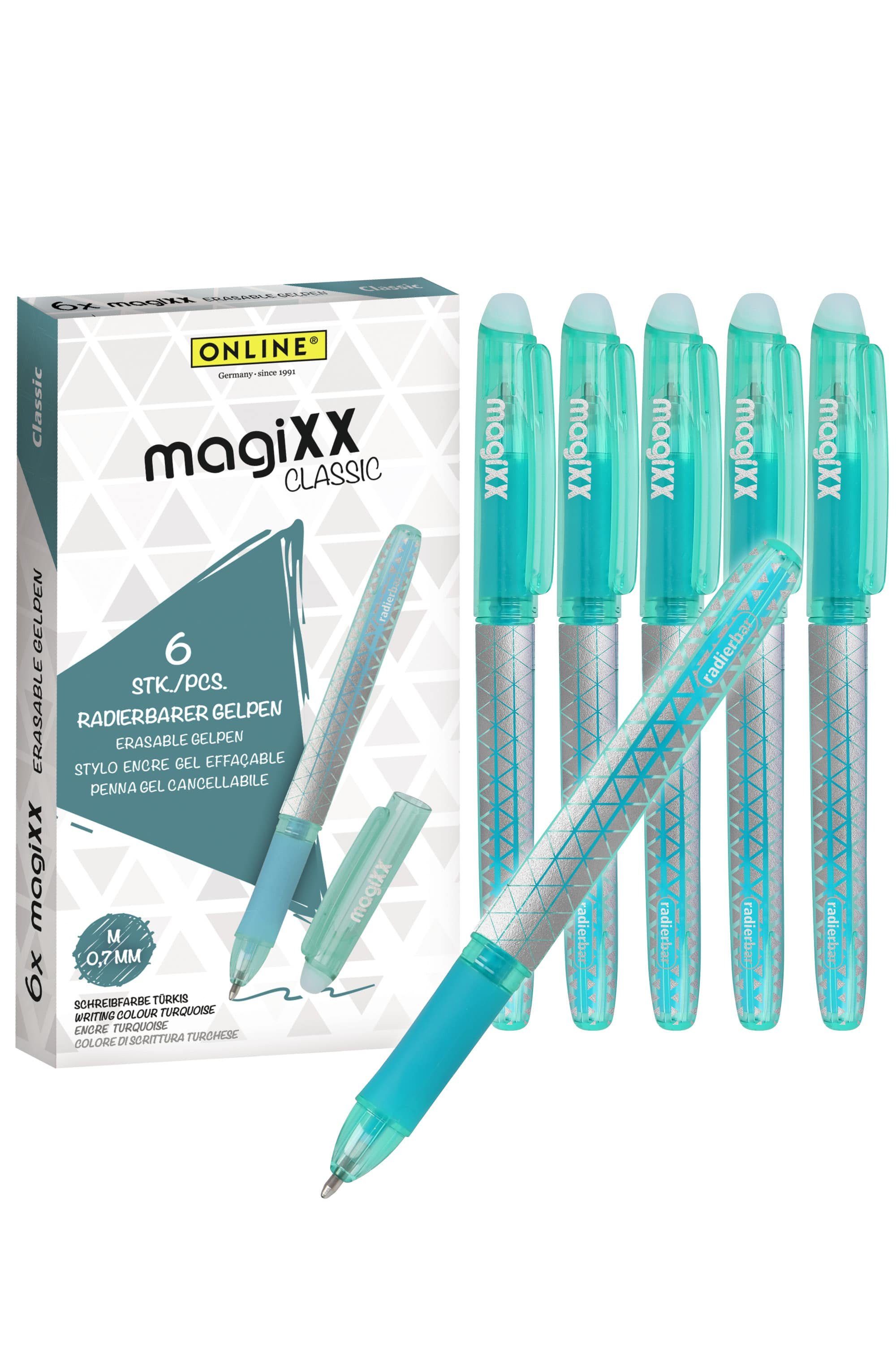 Online Pen Tintenroller magiXX Classic, (6x radierbare Gelschreiber türkis, ergonomisches Griffstück), Gelpens für Schüler, Studenten, Büro