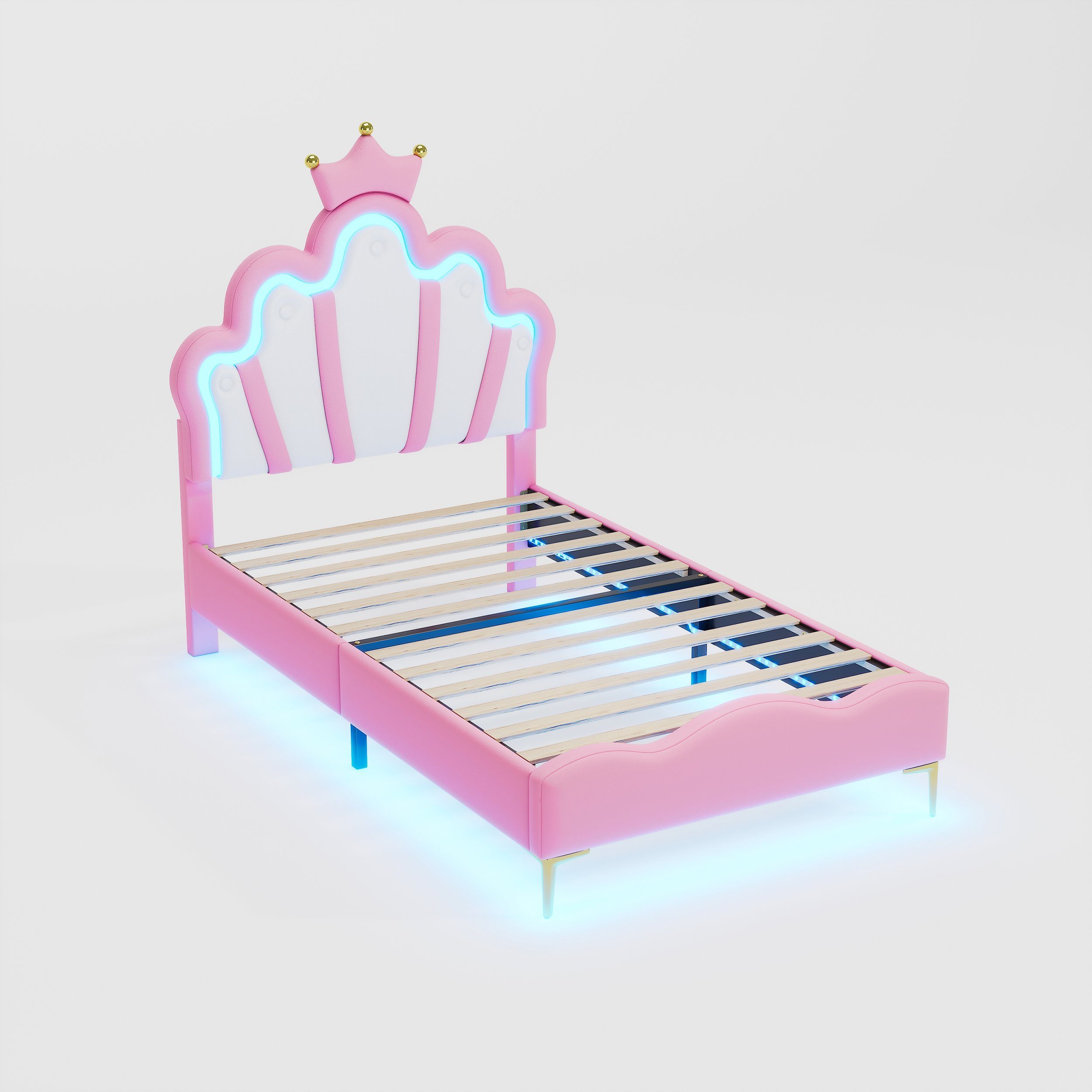 Flieks Polsterbett, LED Kinderbett Einzelbett mit krone-Form Prinzessinnenbett 90x200cm