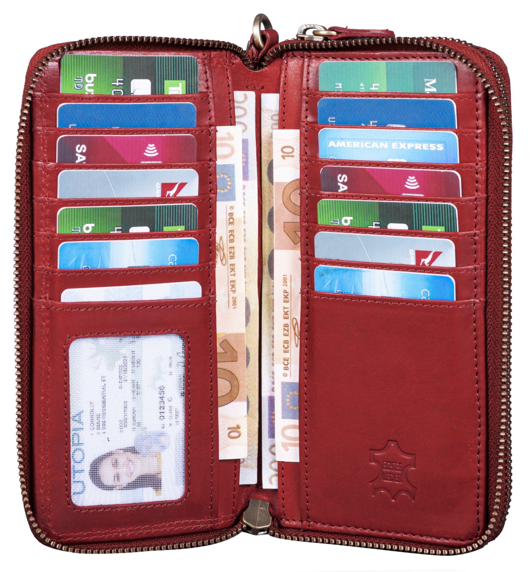 Benthill Geldbörse Damen Groß Leder Portemonnaie Rot Kartenfächer, Münzfach Kartenfächer vielen RFID-Schutz Echt RFID Reißverschlussfach Frauen