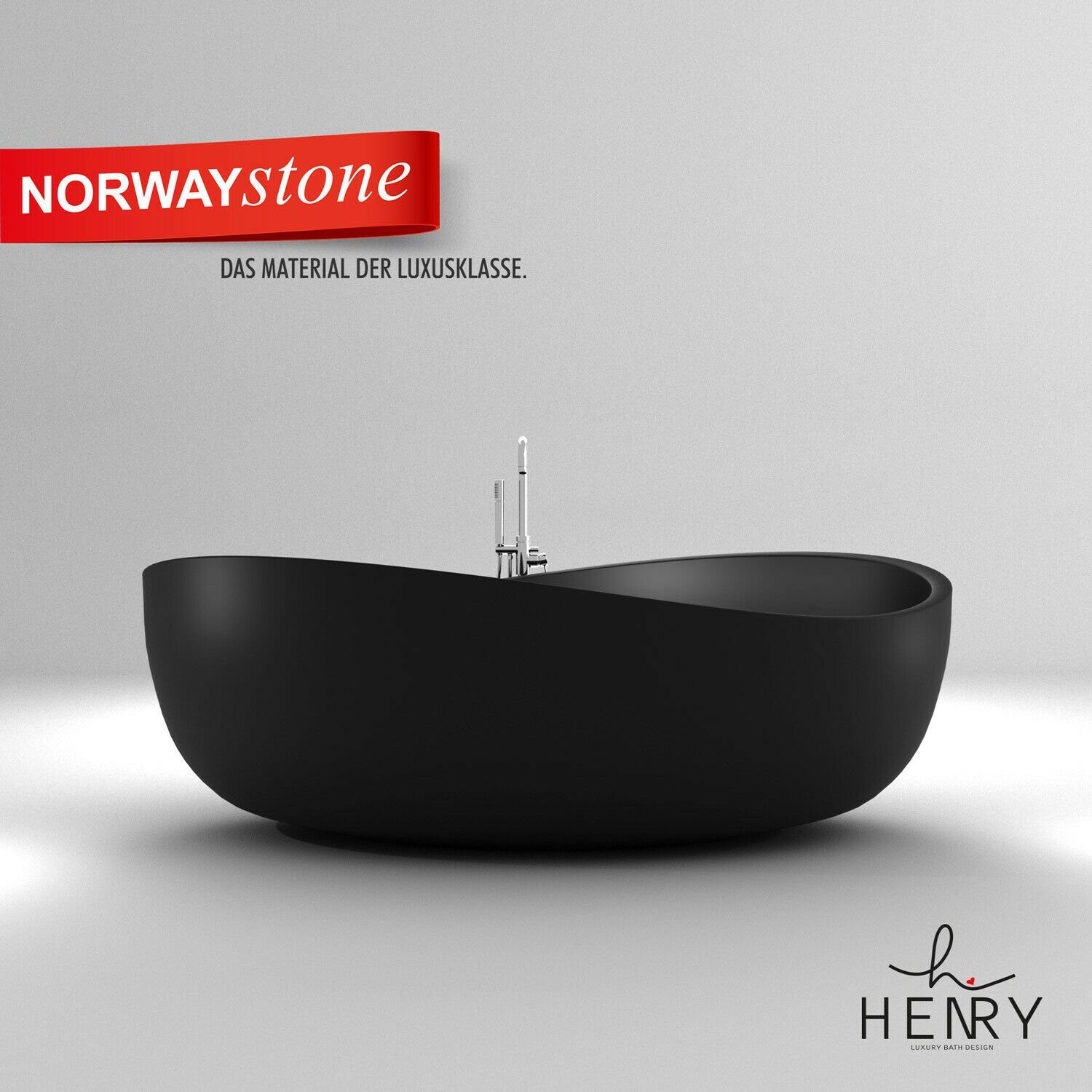 HENRY BAD Badewanne Freistehende Badwanne, Standbadewanne, Mineralguss / Solid Surface / Gussmarmor/NORWAYstone, Lido, Matt Schwarz, 1705 x 1100 x 620 mm