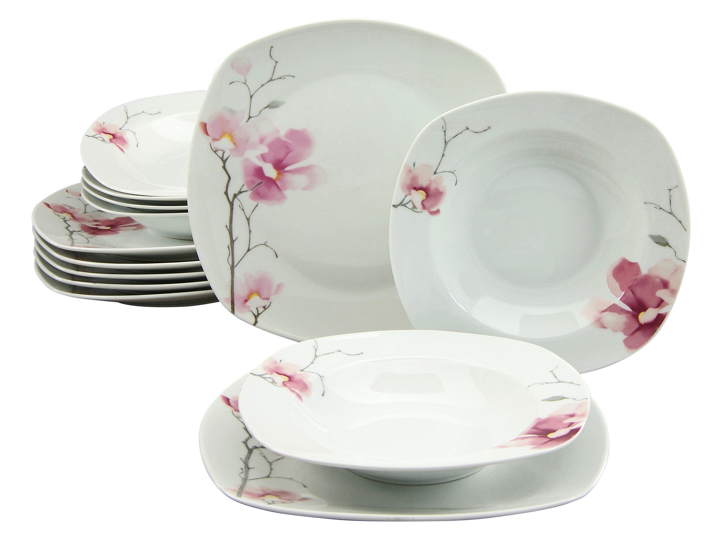 CreaTable Tafelservice Amelie Aiko, Tafel-Service 12-tlg (12-tlg), 6 Personen, Porzellan, Teller Set, Blumendekor