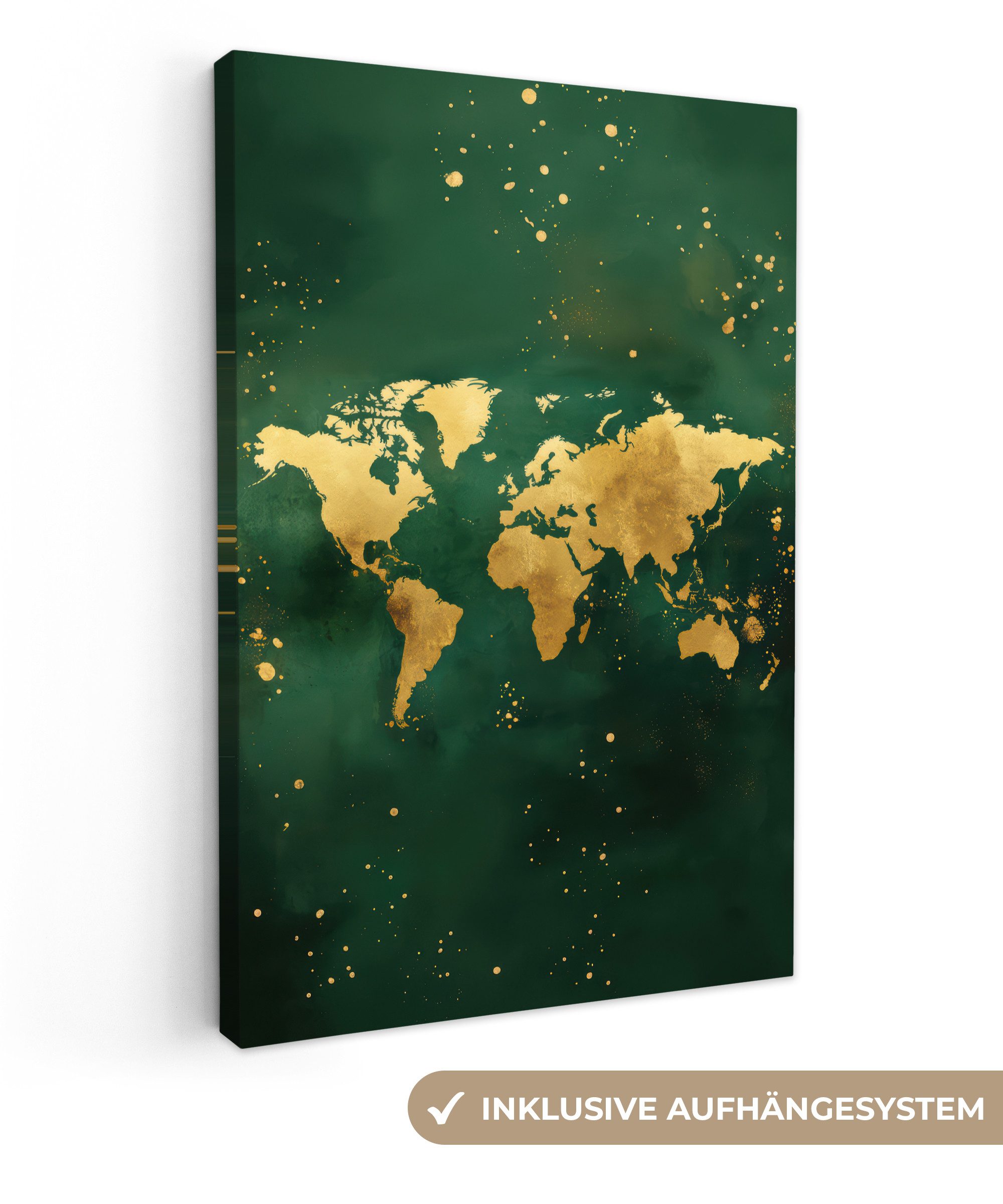OneMillionCanvasses® Leinwandbild Weltkarte - Grün - Gold, Fotodruck (1 St) günstig online kaufen
