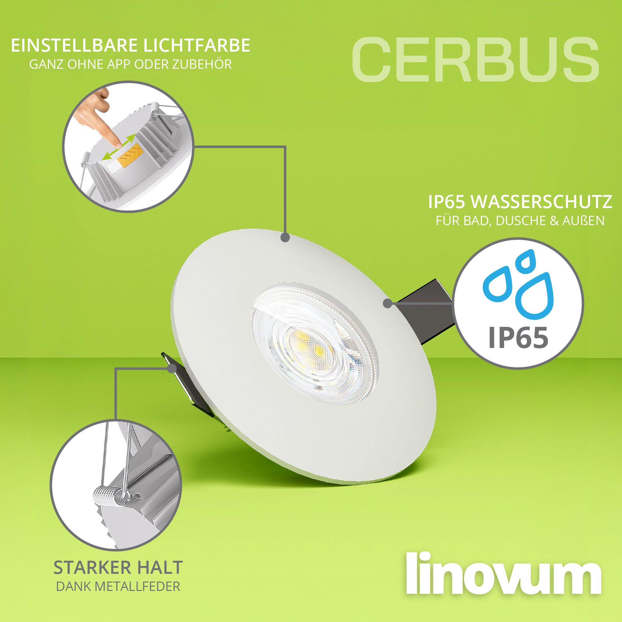 linovum LED Außen-Deckenleuchte CERBUS Einbauspot Bad IP65 einstellbare Lichtfarben warm neutral kalt, Neutralweiß, Warmweiß, Tageslichtweiß – Bild 3 von 5