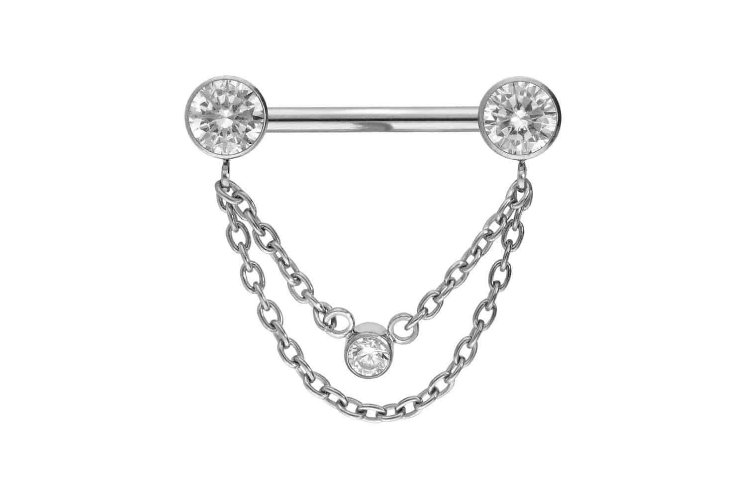 PIERCINGLINE Brustwarzenpiercing Titan Barbell mit Push Fit 2 KETTEN + KRISTALLDISCS (Barbells, 1-tlg)