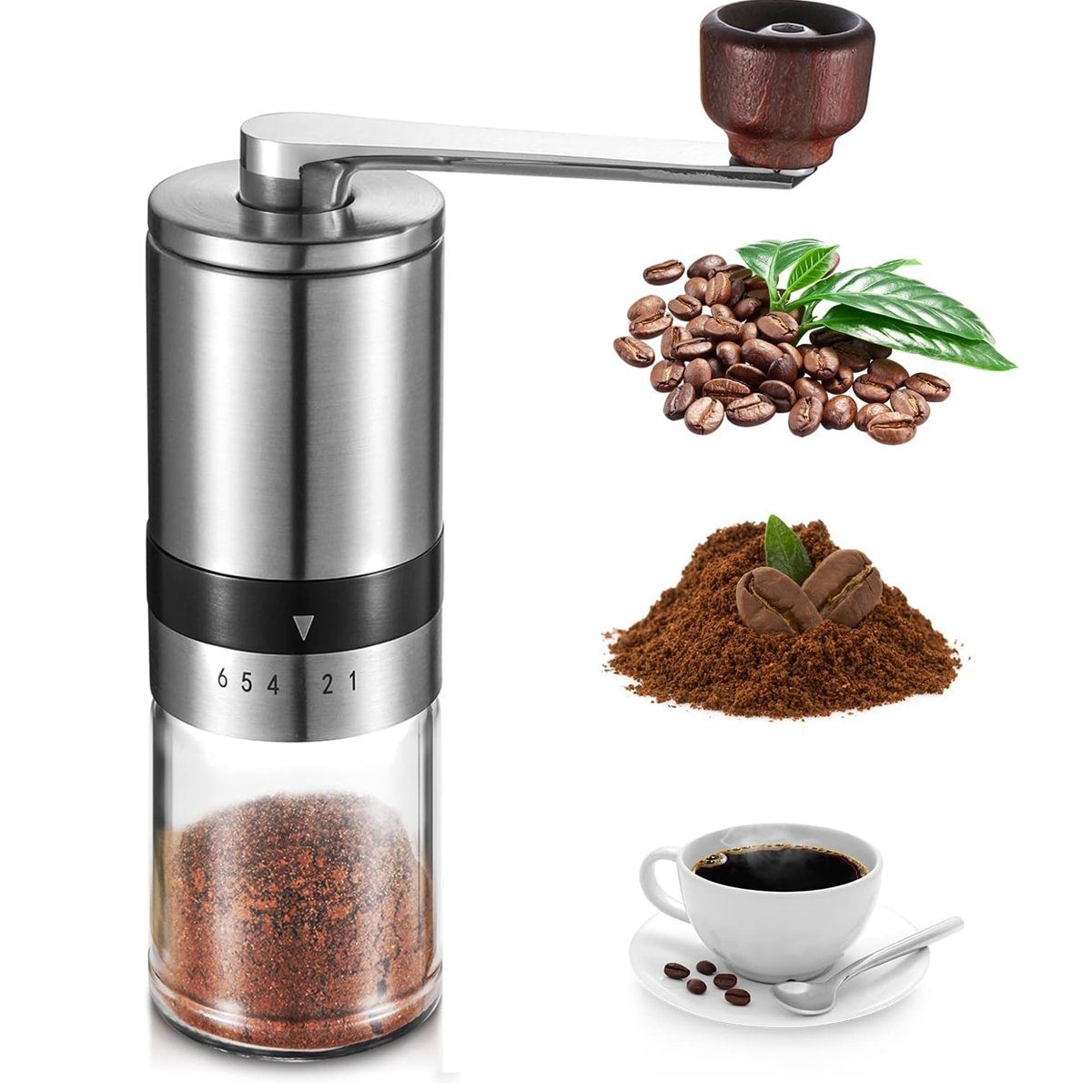 HYIEAR Kaffeemühle Manuelle, Edelstahl und Glas, 6 Verstellbarer Mahlgrad, Keramikmahlwerk, 15,00 g Bohnenbehälter, 110ml Pulverbehälter, inkl. Siebträgeradapter und Reinigungspinsel