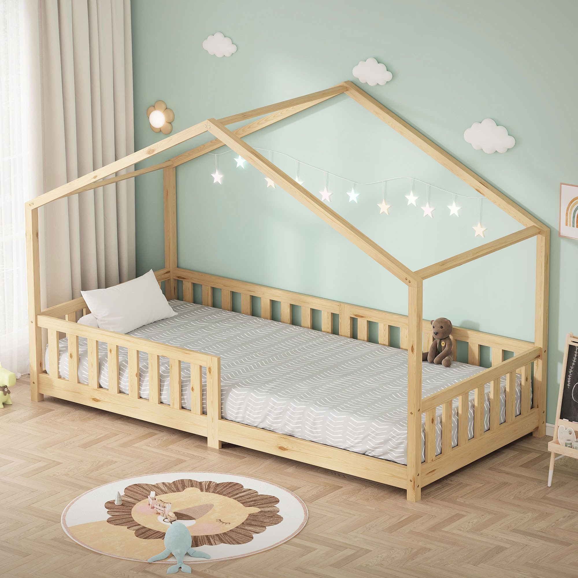 ML-DESIGN Spielbett Hausbett Kinderbett inkl. Lattenrost & Rausfallschutz Kinder Bodenbett, Abenteuerbett 90x200cm Haus Bett Himmelbett Kiefer Jugendbett Natur
