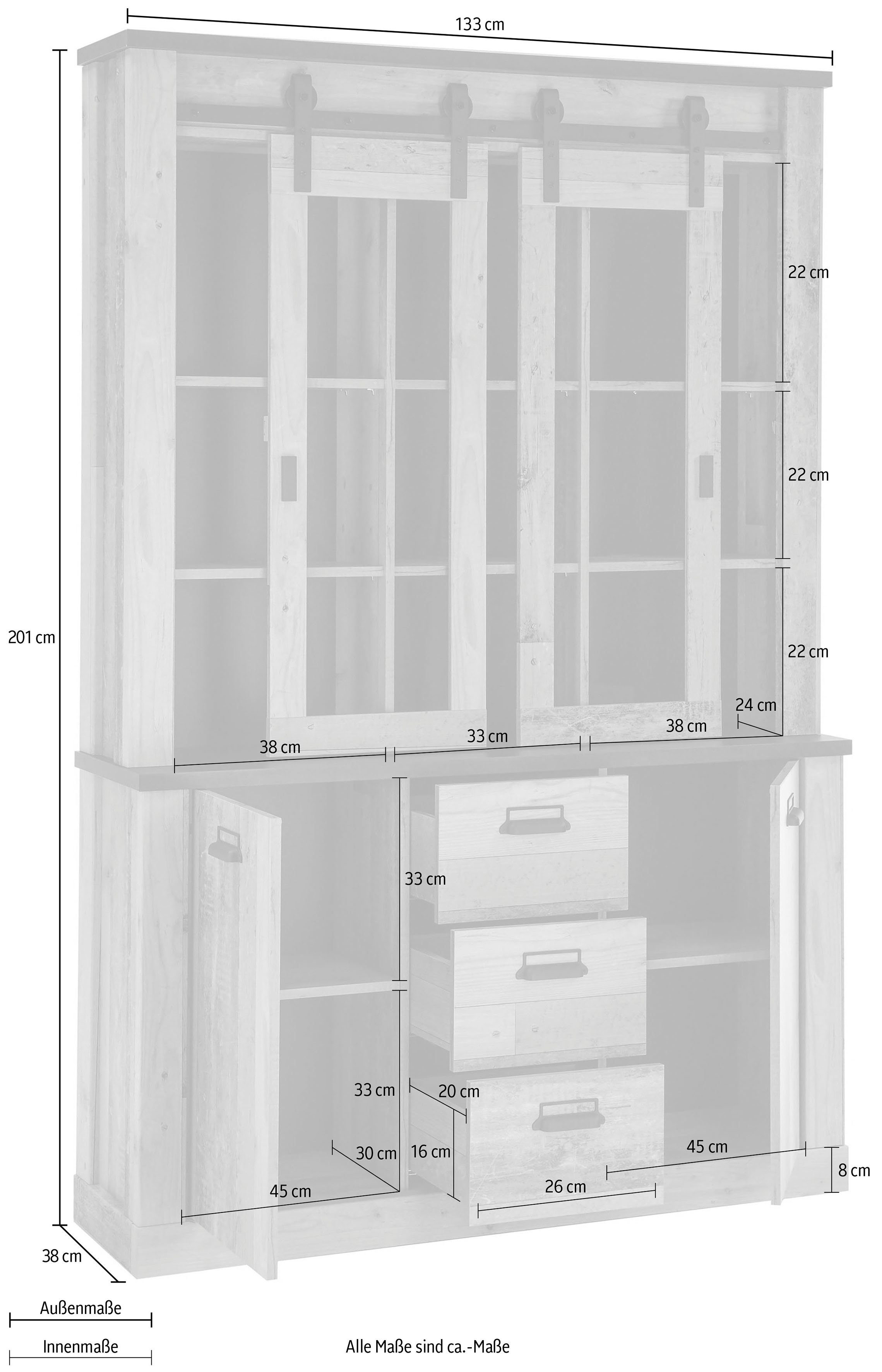 SHERWOOD 133cm affaire und Style Scheunentorbeschlag mit Buffet Holz Home Dekor, Old Dekor hell Breite Apothekergriffen,