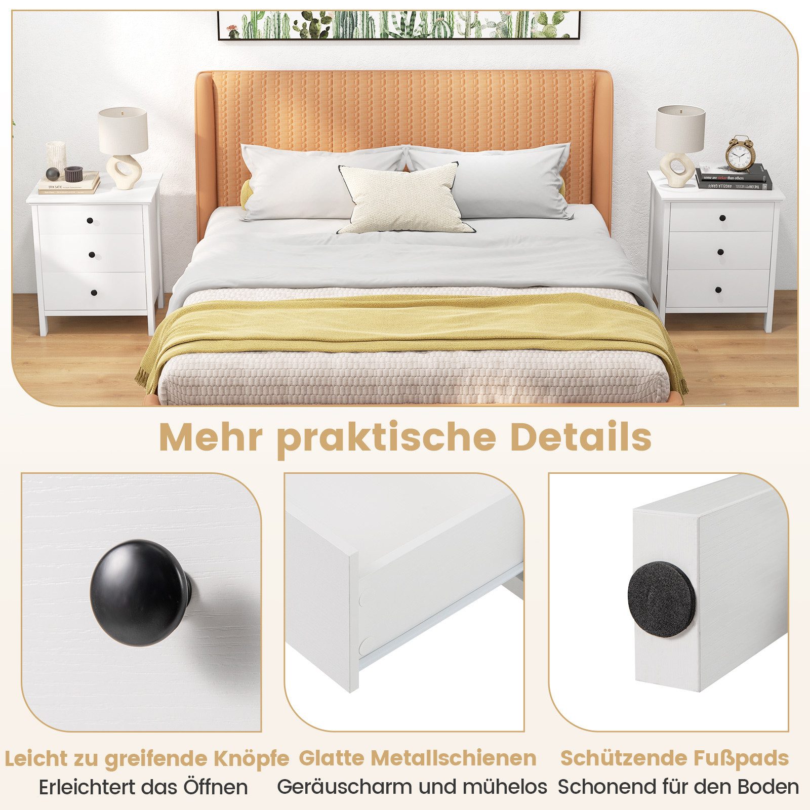 COSTWAY Nachttisch (1-St), Nachtkommode, mit 3 Schubladen, 56x45x66 cm