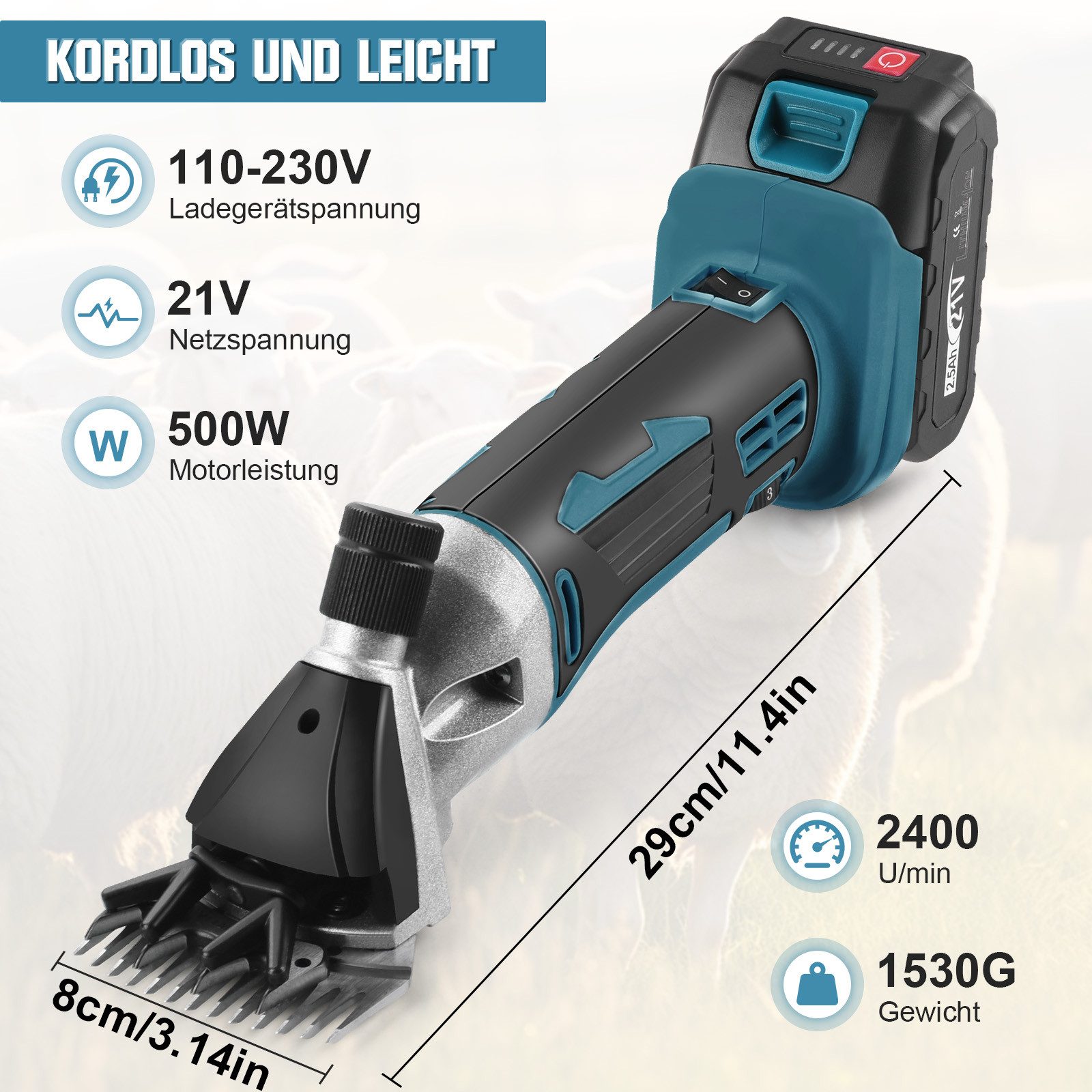 XERSEK Hundeschermaschine Schermaschine für Schafe & Hunde, 500W Schafschermaschine Schafschere, inkl.2 Akkus, 2 Klingen, Bürste, 2400 U/min, 6-stufig einstellbar, Leicht Kabellose Schermaschine Schafe Set Kompatibel mit Makita Akku