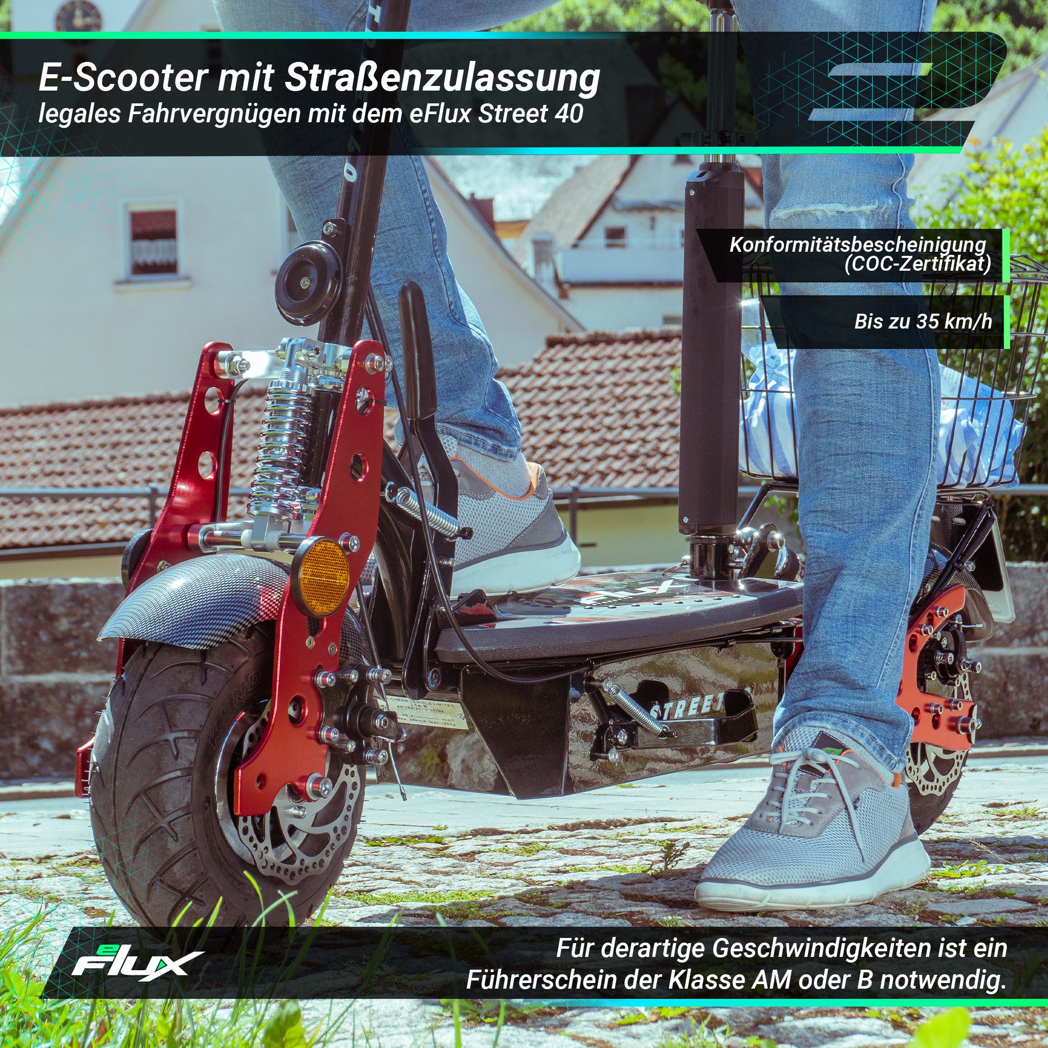 eFlux E-Scooter Street 40 Pro Elektro Roller mit Straßenzulassung klappbar, (E Scooter, E Roller, Elektro Roller), EScooter mit Straßenzulassung, Elektroroller mit Gepäckkorb, E Scooter