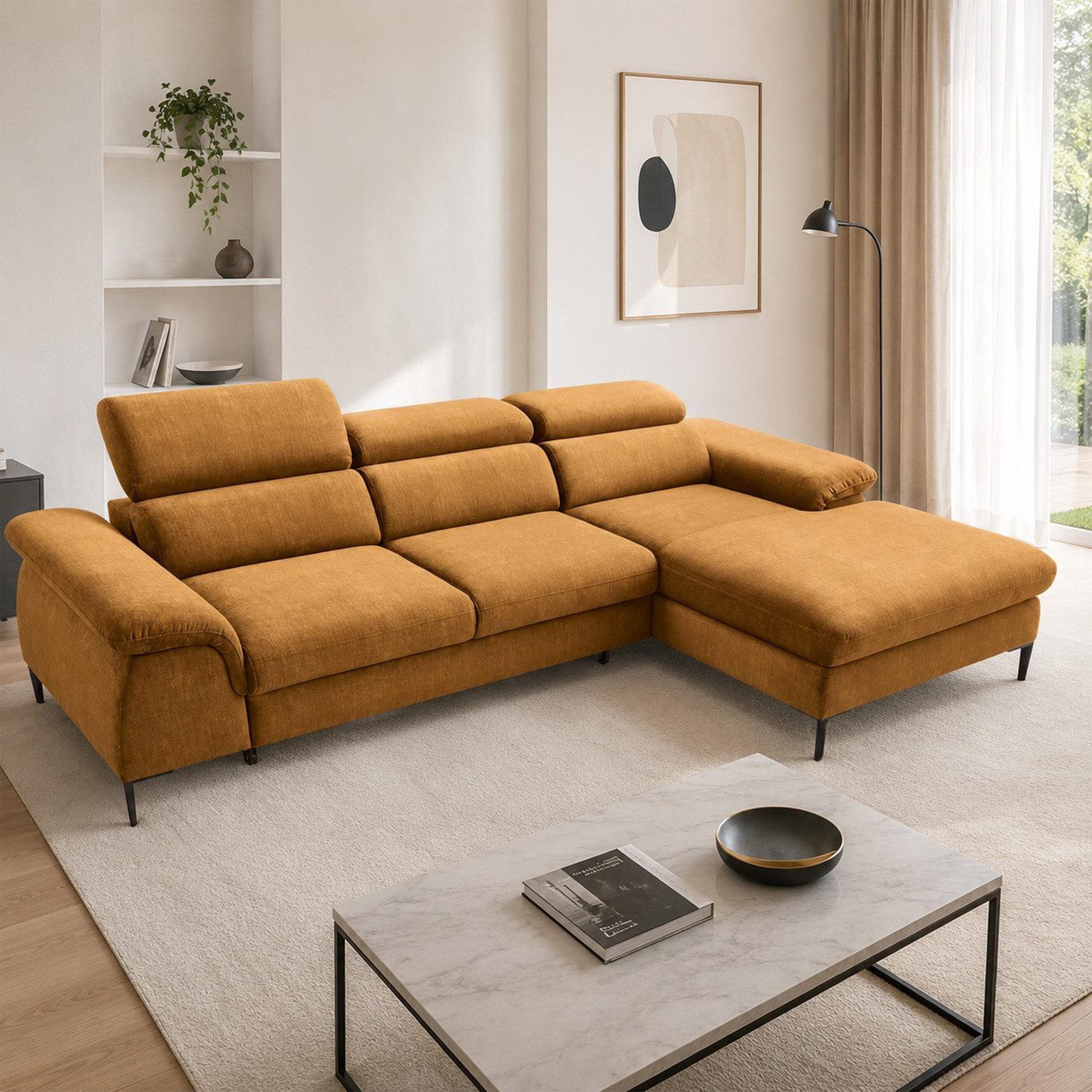 Goldstoff Schlafsofa LARGO Ecksofa mit Schlaffunktion und Stauraum - Sofa L-Form, Couch mit Schlaffunktion und Bettkasten, Einstellbare Kopfstützen