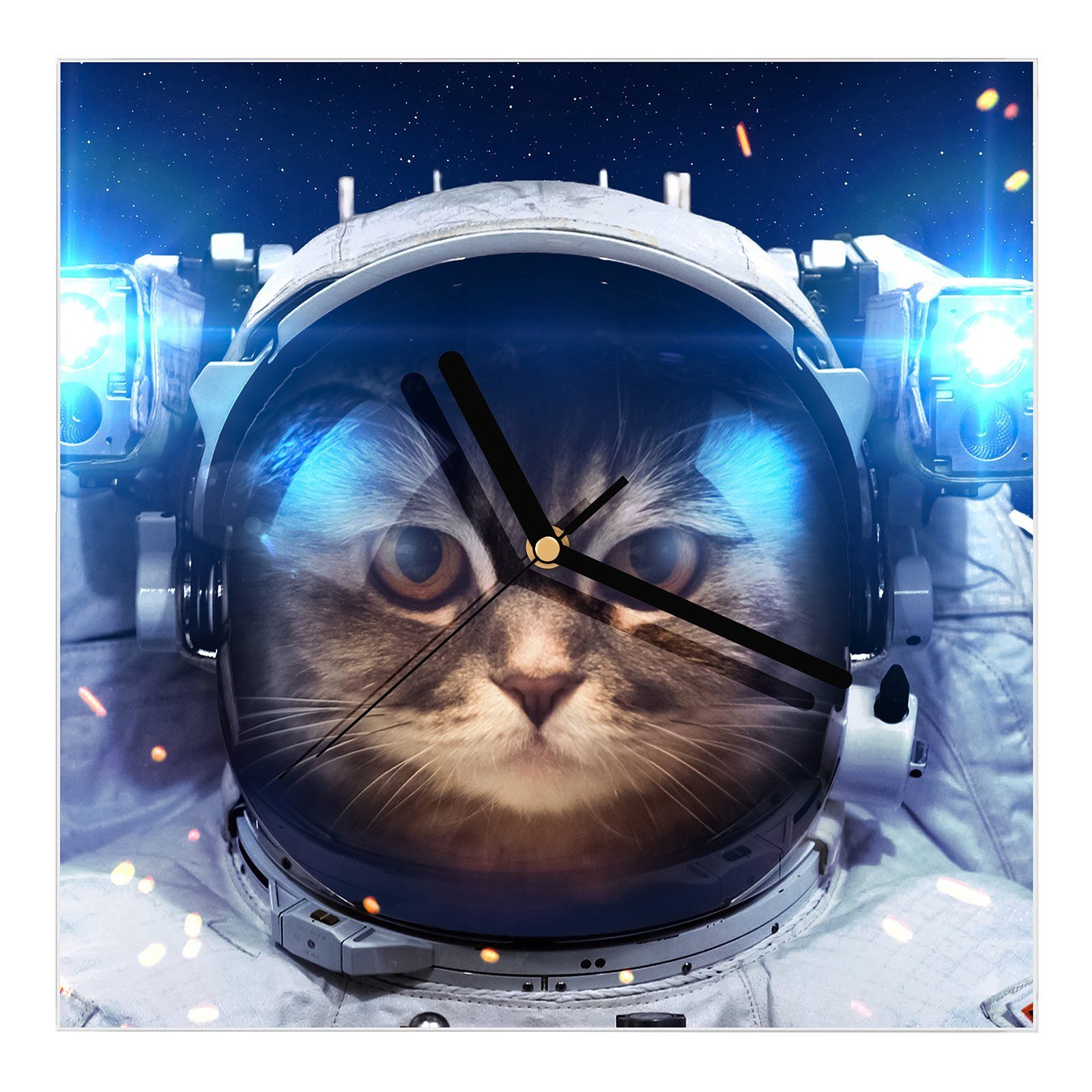 Primedeco Wanduhr Glasuhr x Astronauten mit Katze cm Motiv 30 Wandkunst Größe 30 Wanduhr