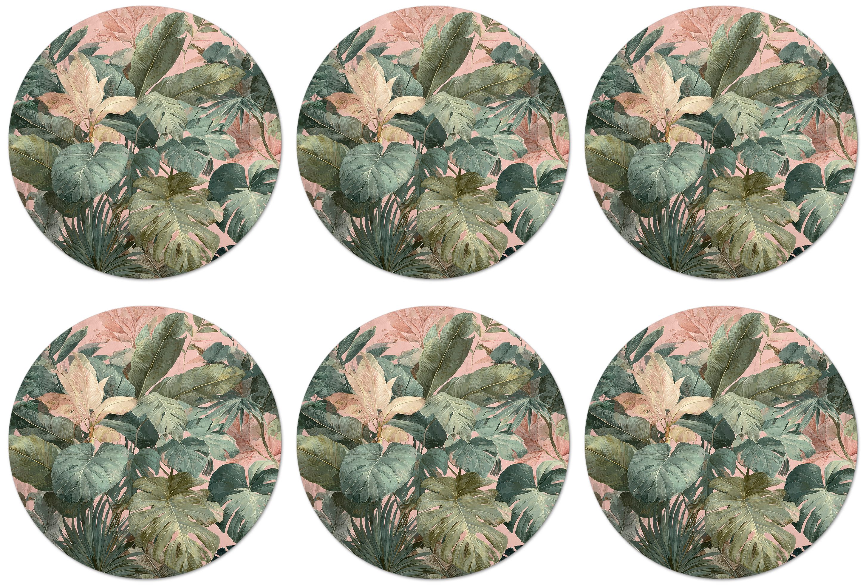 MuchoWow Glasuntersetzer Zusammensetzung der Blätter - Grün - Rosa, Zubehör für Gläser, 6-tlg., Getränkeuntersetzer, Rund, Tassenuntersetzer Kork, 10x10 cm