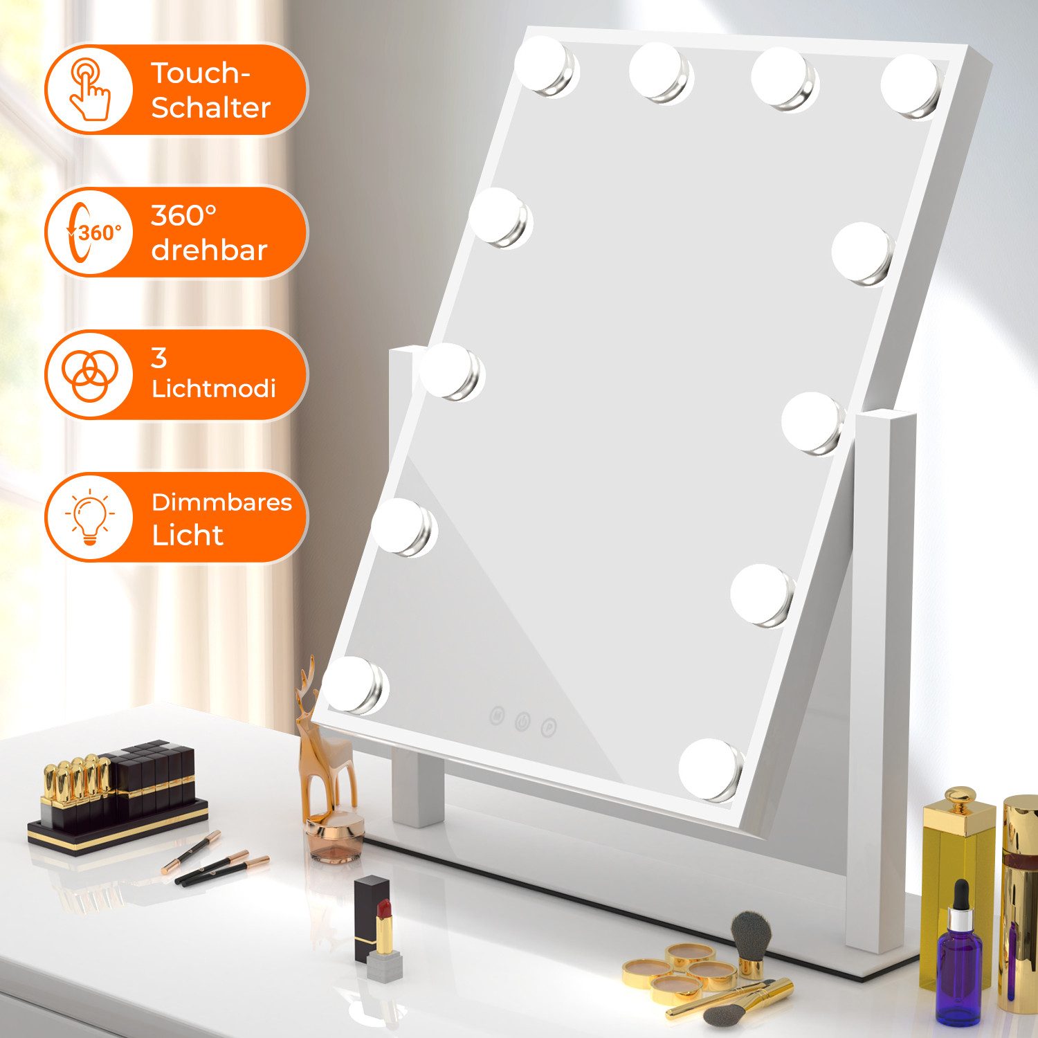 LETGOSPT Schminkspiegel Hollywood Make-up-Spiegel mit Lichtern, 3 Farblicht Dimmbar Touch (Kosmetikspiegel mit 12 dimmbaren LED-Leuchtmitteln, 30x41 cm), Smart-Touch-Control-Bildschirm, 360-Grad-Drehung und Stabile Standfuß