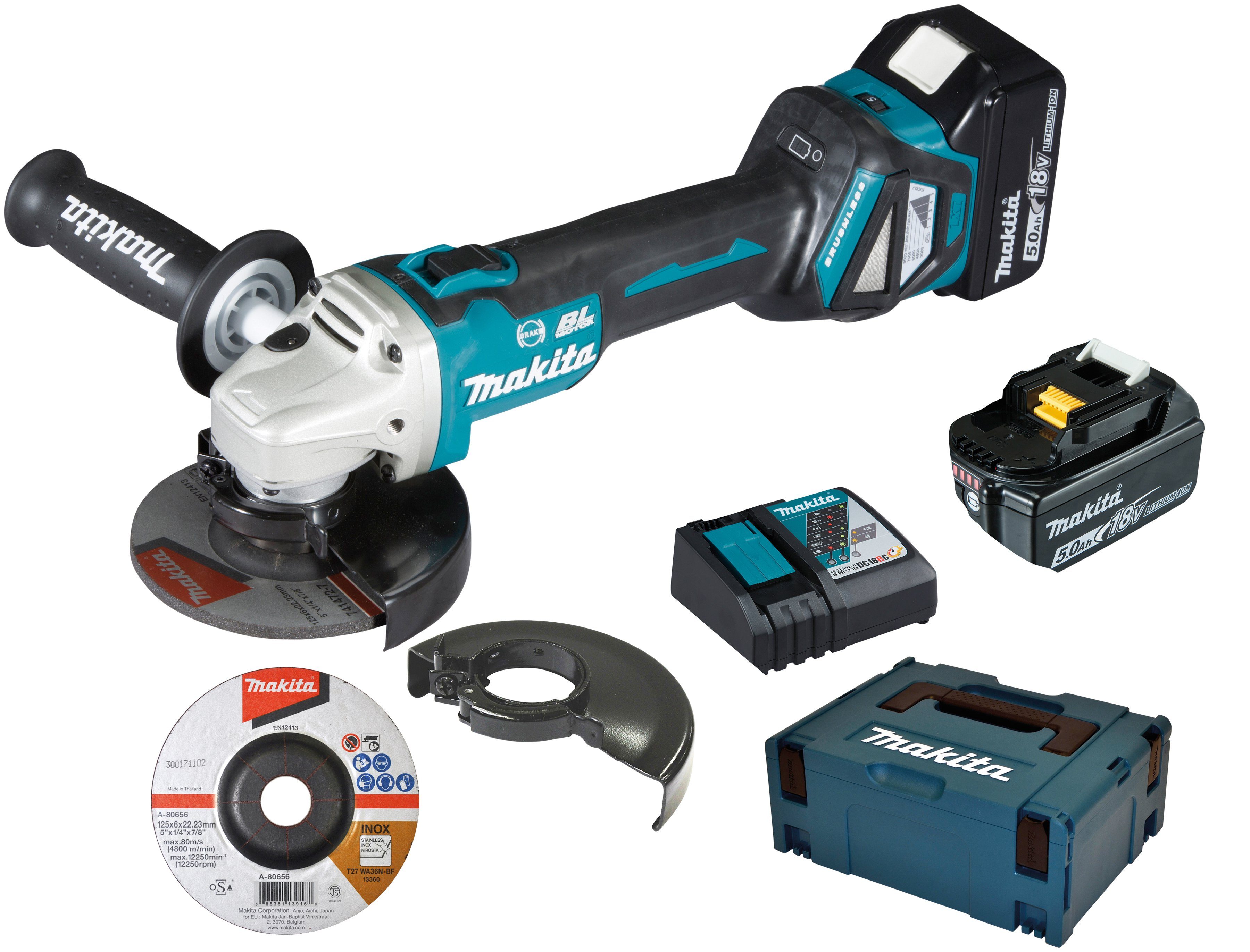 Makita Akku-Winkelschleifer DGA513RTJ, (Set), inkl. Akku, Ladegerät und weiterem Zubehör