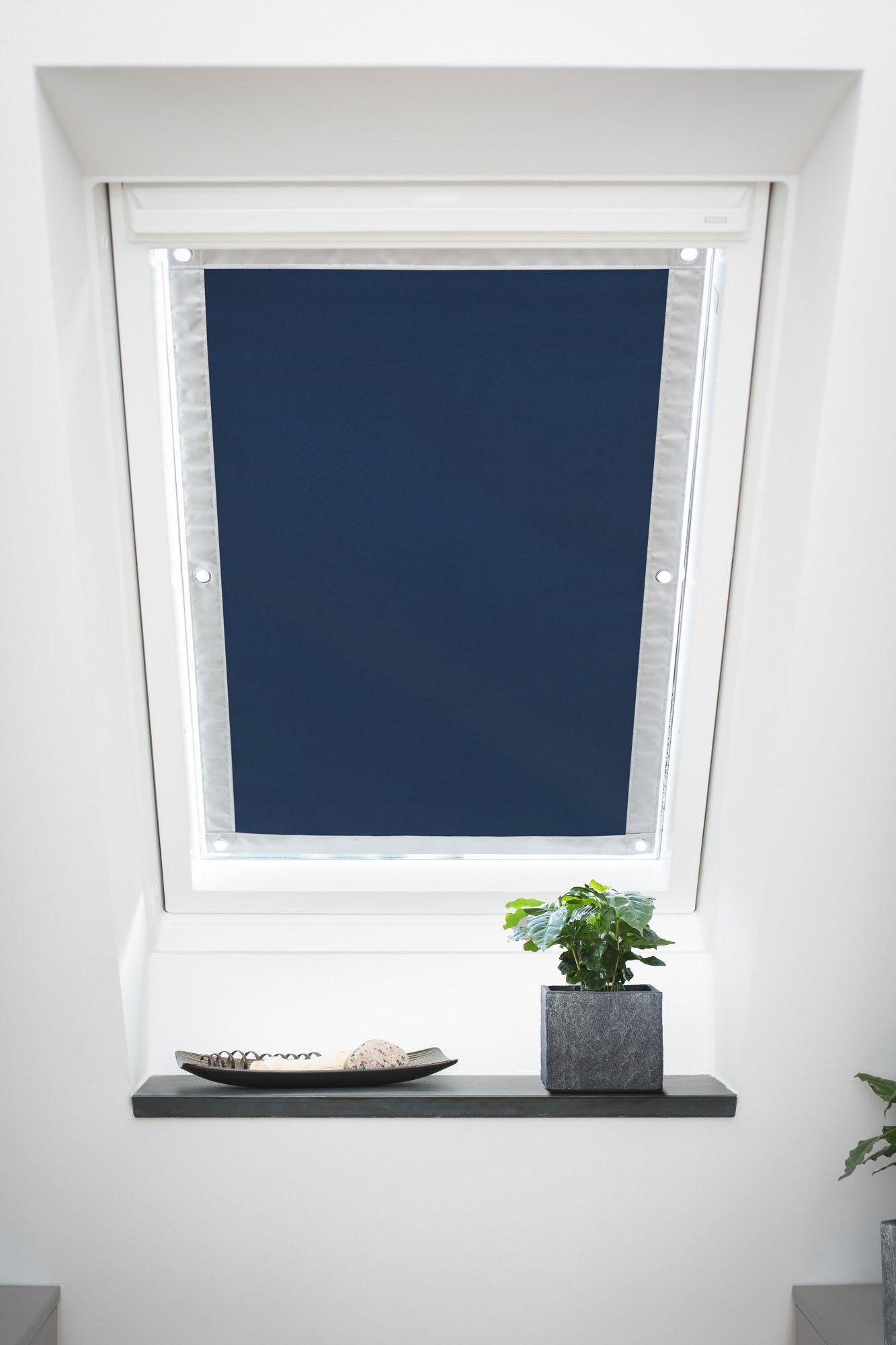 Dachfensterrollo Haftfix Hitzeschutz ORIGINAL, blau verspannt, mit verdunkelnd, LICHTBLICK Bohren, Abdunkelung, Thermobeschichtung, ohne mit Saugnapf Haftfix