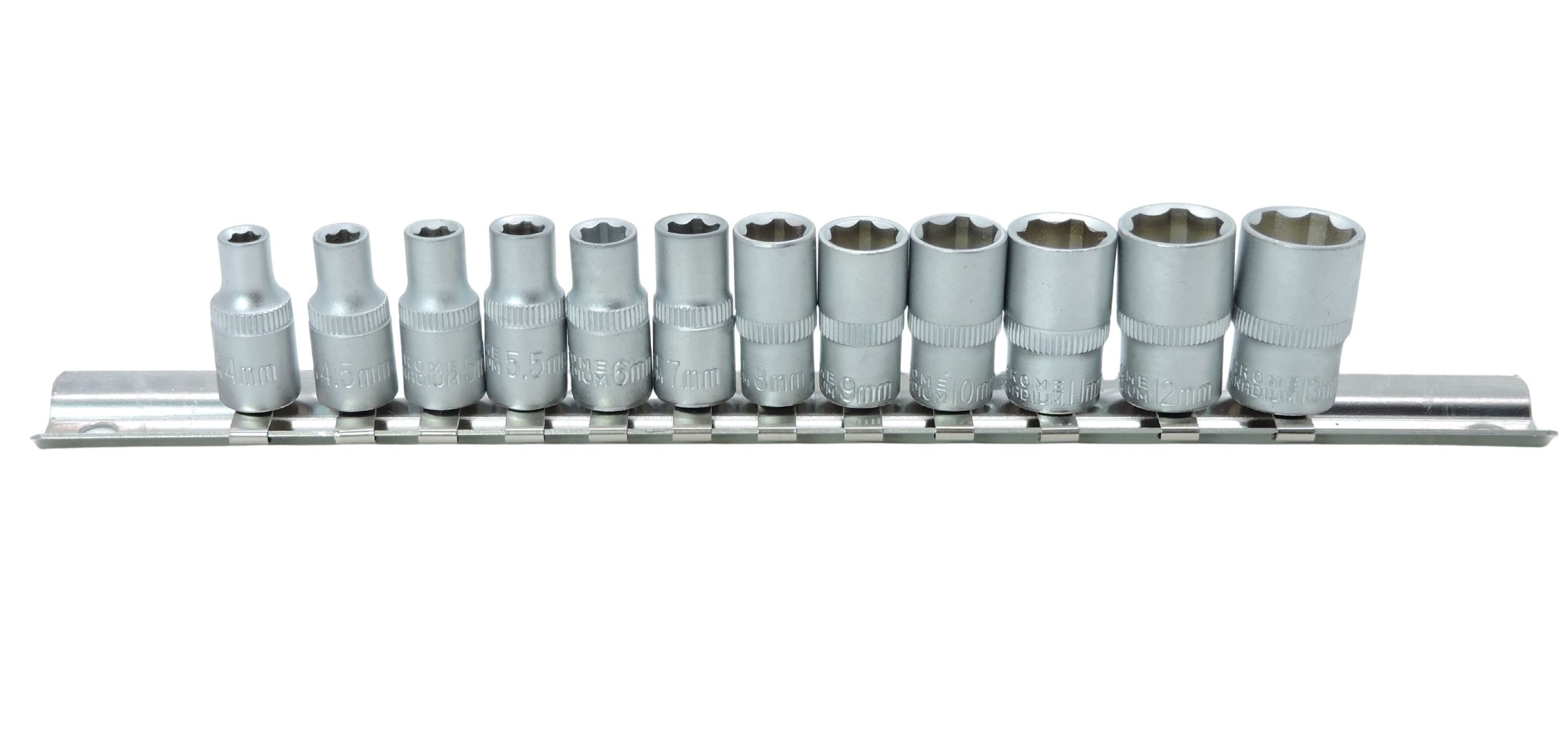 FAMEX Steckschlüssel 570-20 Steckschlüssel-Einsätze (matt, verchromt, Wellenprofil, 13 St., Chrom-Molybdän-Stahl, äußert robust), CV-Stahl, 4-13mm, Rändelung