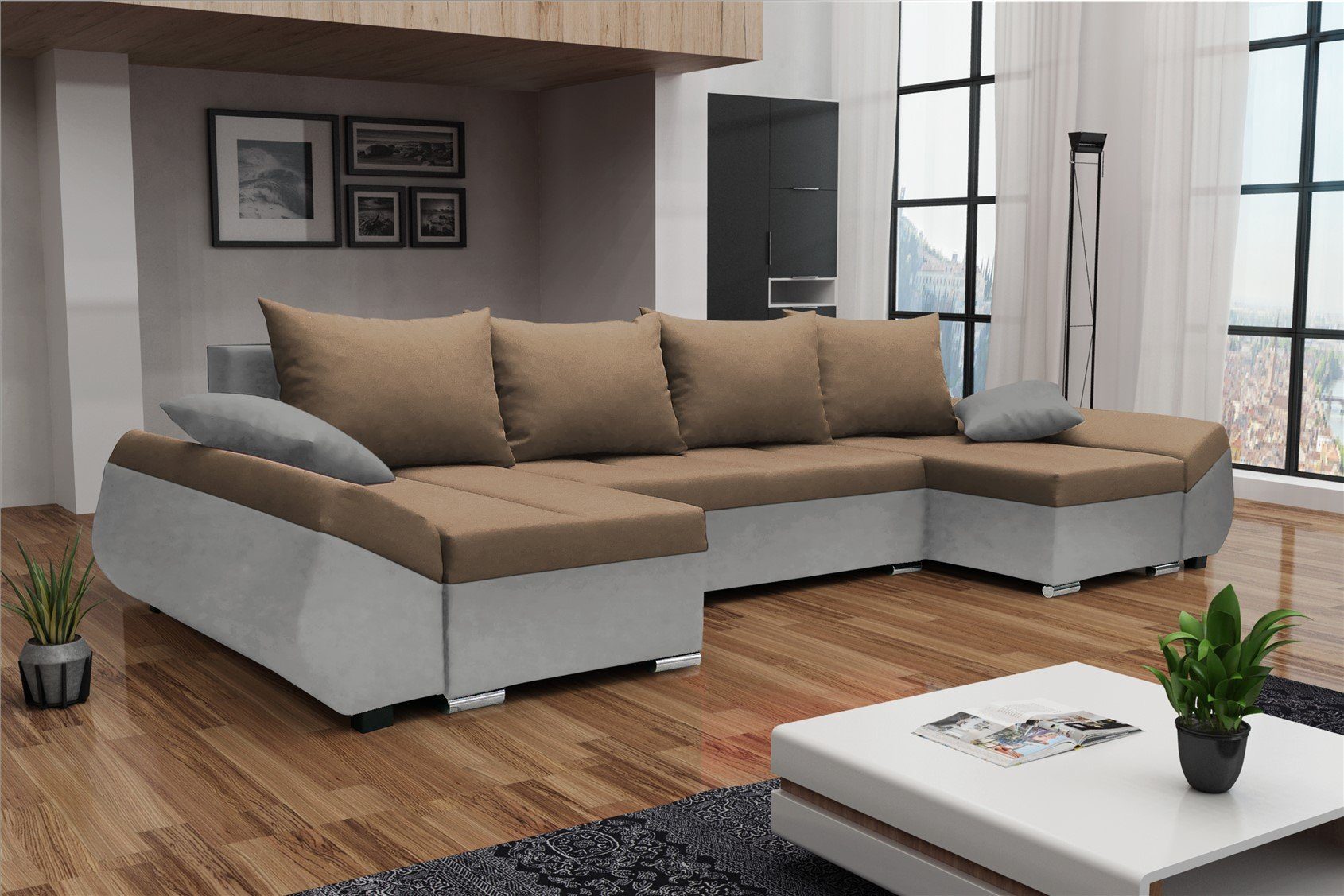 Fun Möbel Wohnlandschaft Sofa in U-Form KLEO in Stoff, inkl. Rückenkissen und Zierkissen, mit Bettkasten Hellgrau-Cappuccino