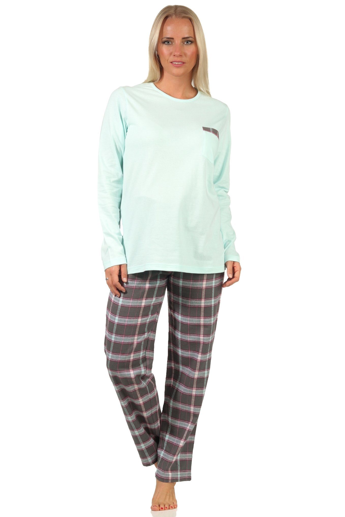 Creative by Normann Pyjama Damen Flanell Pyjama Mix & Match Top Single Jersey, Hose Flanell aqua