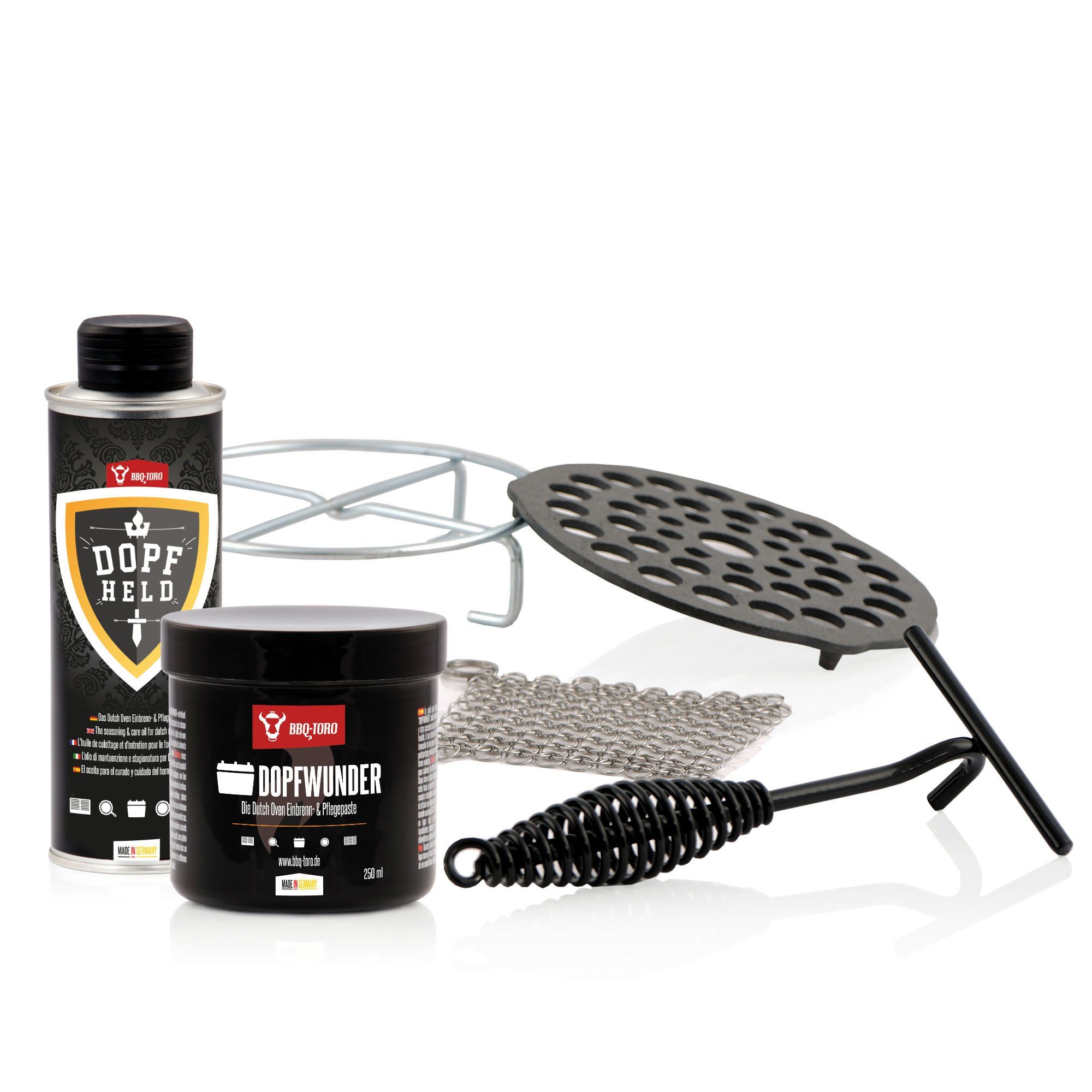 BBQ-Toro Подставка 6-teiliges Zubehör Set für Dutch Oven, Einbrennpaste für Dutch Oven, Zubehör für Dutch Oven, Set, 6-tlg.