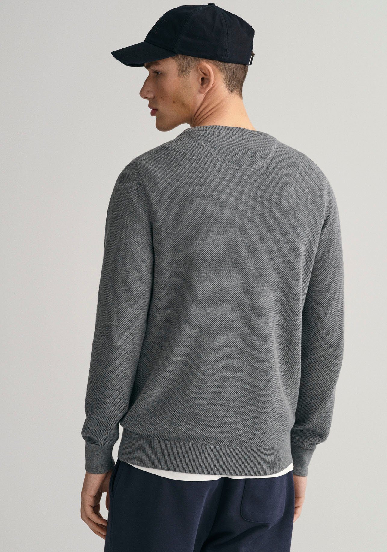 Gant Rundhalspullover COTTON PIQUE grey dark Brust melange C-NECK mit der auf Logostickerei