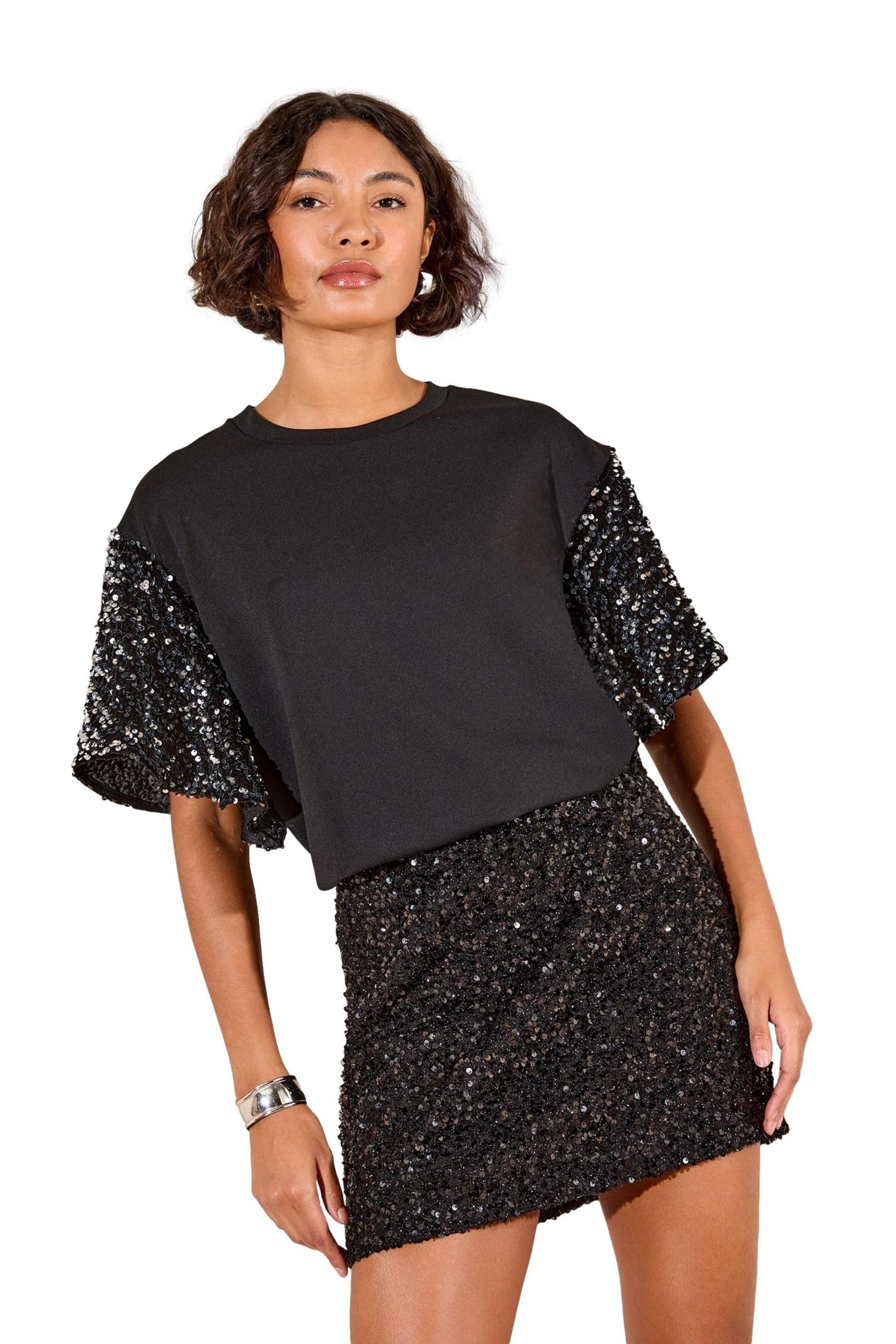 Friends Like These Kurzarmbluse Friends Like These Samtoberteil mit Pailletten (1-tlg)