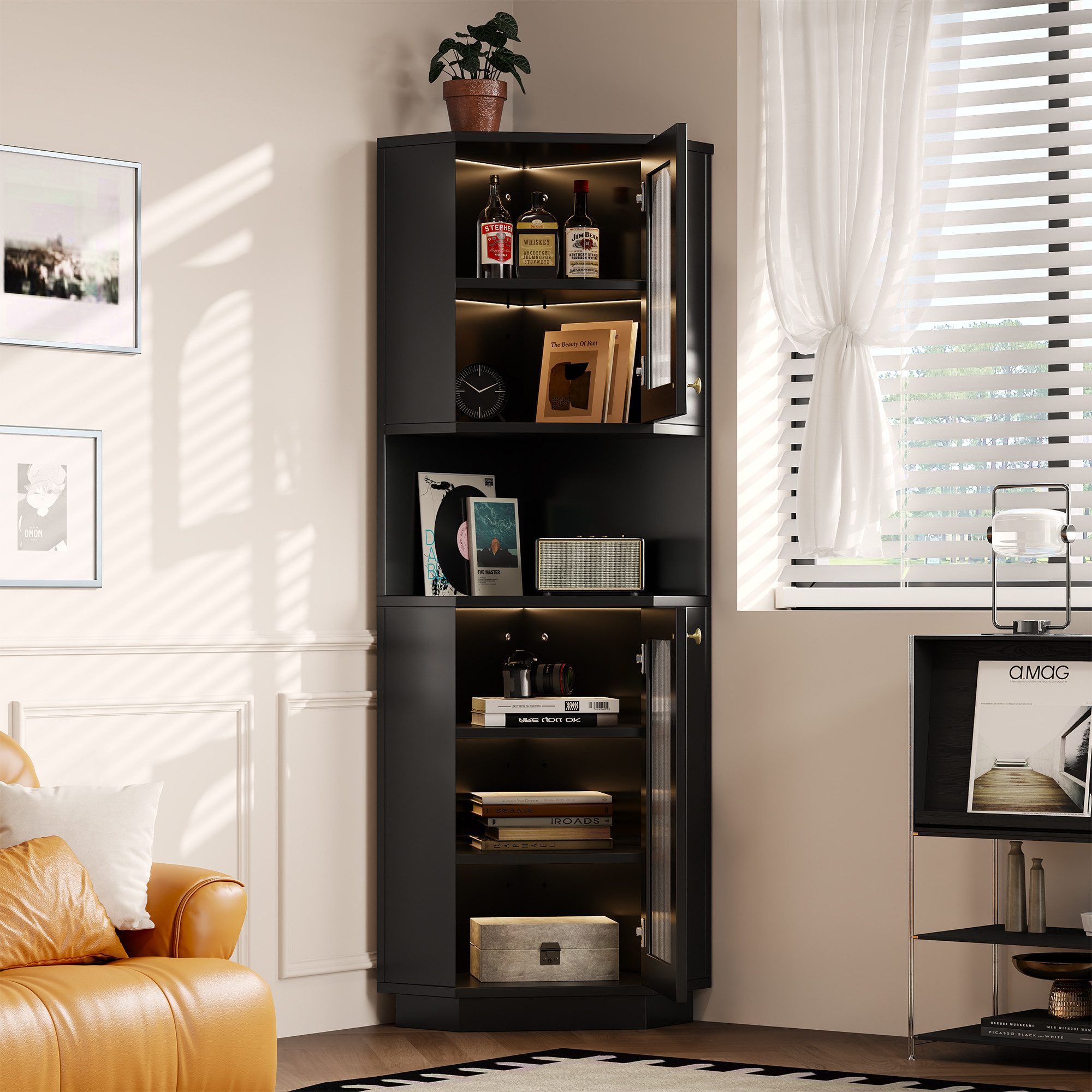 Flieks Badkommode Eckschrank mit LED-Beleuchtung Hochschrank (1 St., mit verstellbaren Einlegeböden, B45/H166,5 cm), Dreieckiger Badezimmerschrank mit 2 Glastüren und 6 Fächern
