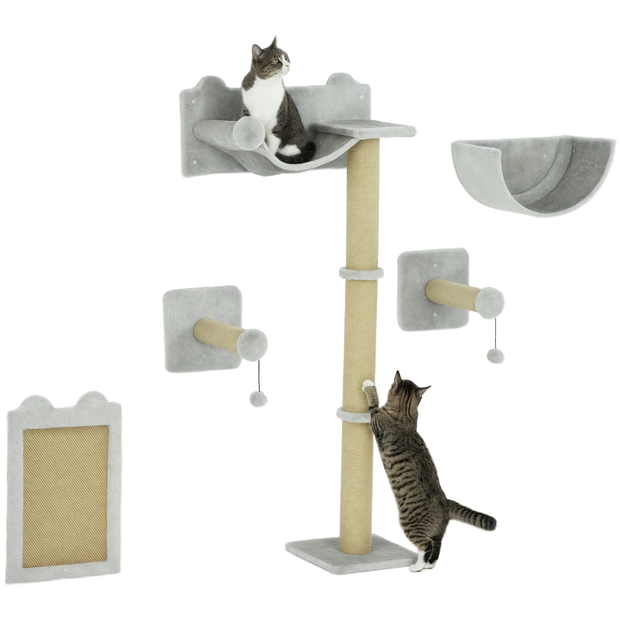 PawHut Katzen-Kletterwand Kletterwand Katzen 5-teilig Set mit Kratzpfosten, Hängematte, für Katzen bis 5 kg, Polyester, Hellgrau