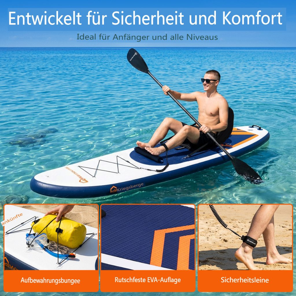 Warmounts Stand Up Paddle Set 350x86x15cm bis 190kg SUP-Paddel, (2in1 Aufblasbares SUP-Board SUP-Paddel Set mit Kajak-Sitz), mit verstellbarem 3-teiligem Doppelpaddel, Handpumpe