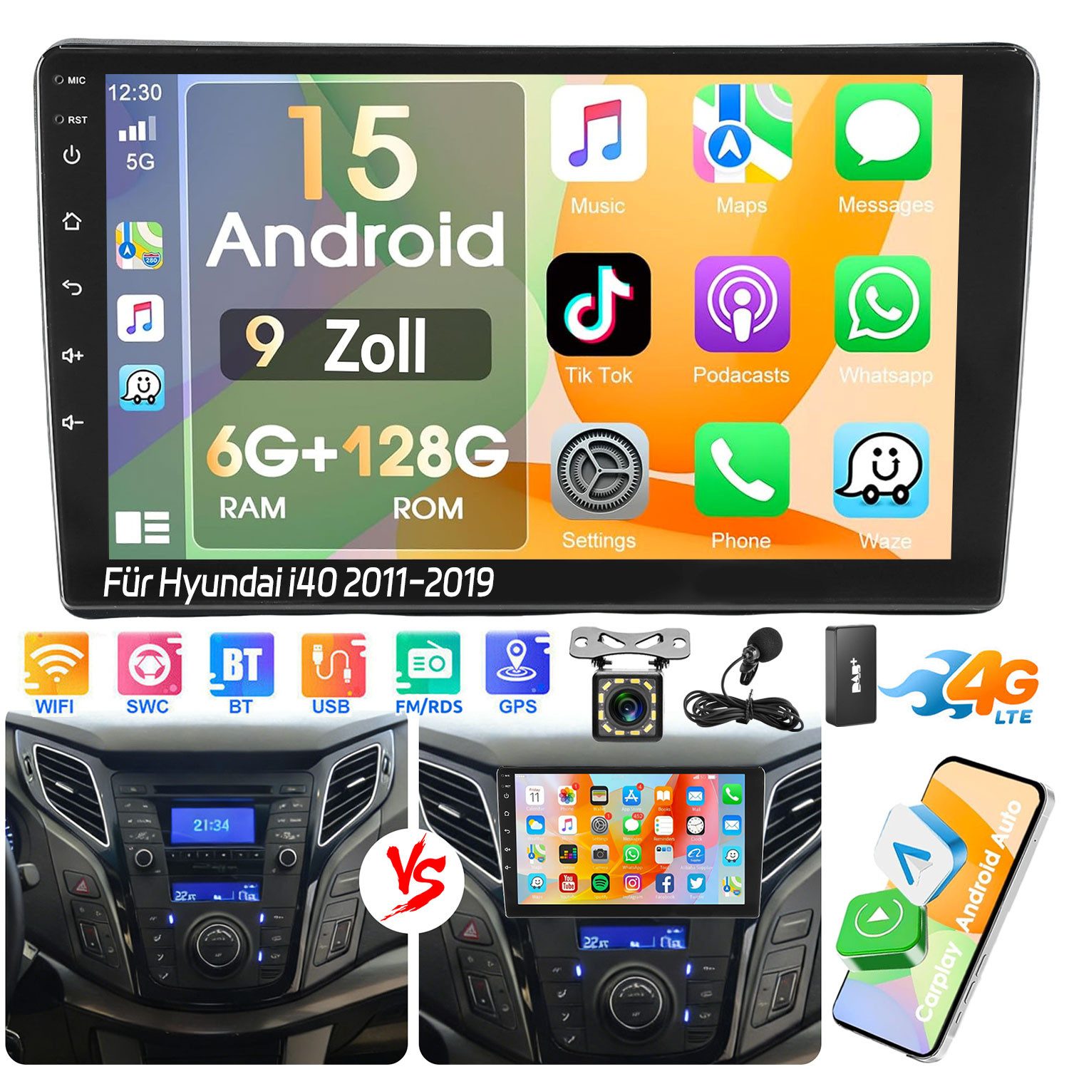 4G 6+128G Carplay Android15 Autoradio Für Hyundai i40 2011-2019 BT 5.0 Autoradio