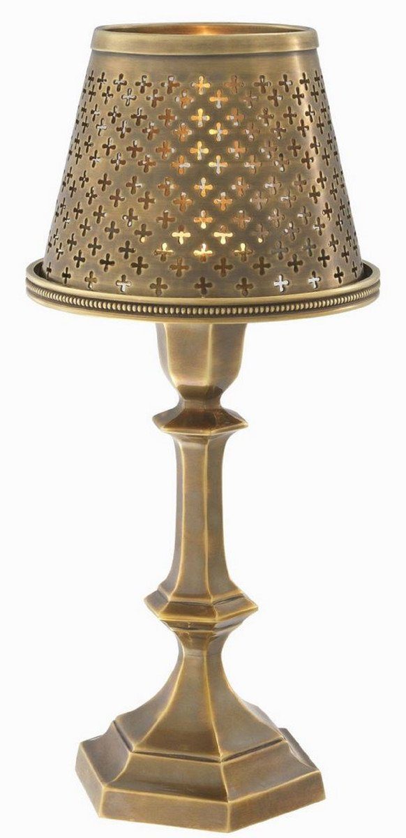 Casa Padrino Teelichthalter Luxus Messing Teelichthalter mit Lampenschirm Vintage Messingfarben Ø 16 x H. 36 cm - Deko Accessoires