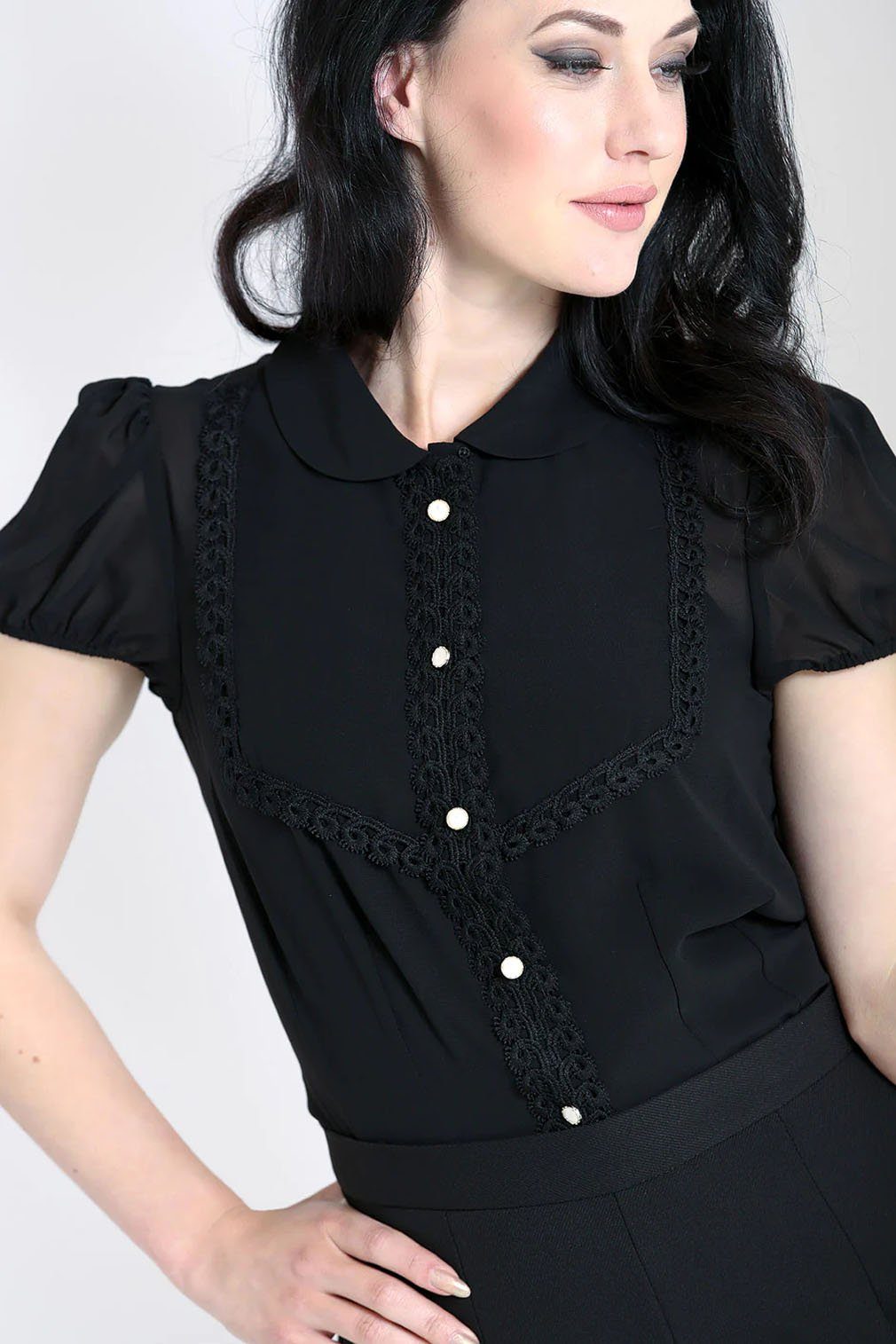 Hell Bunny Blusenshirt Taffy Schwarz Bubikragen