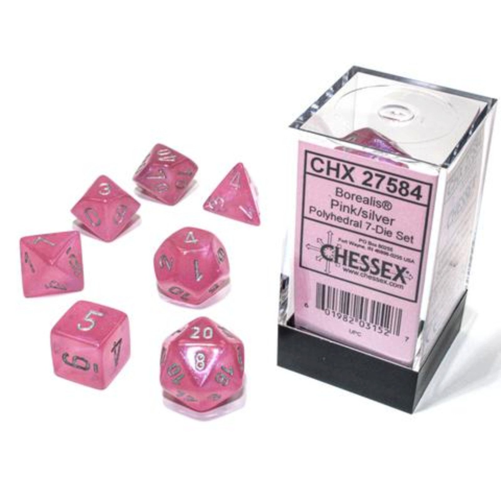 Chessex Spiel Chessex Borealis Polyhedral Pink/silver Luminary 7-Würfelset