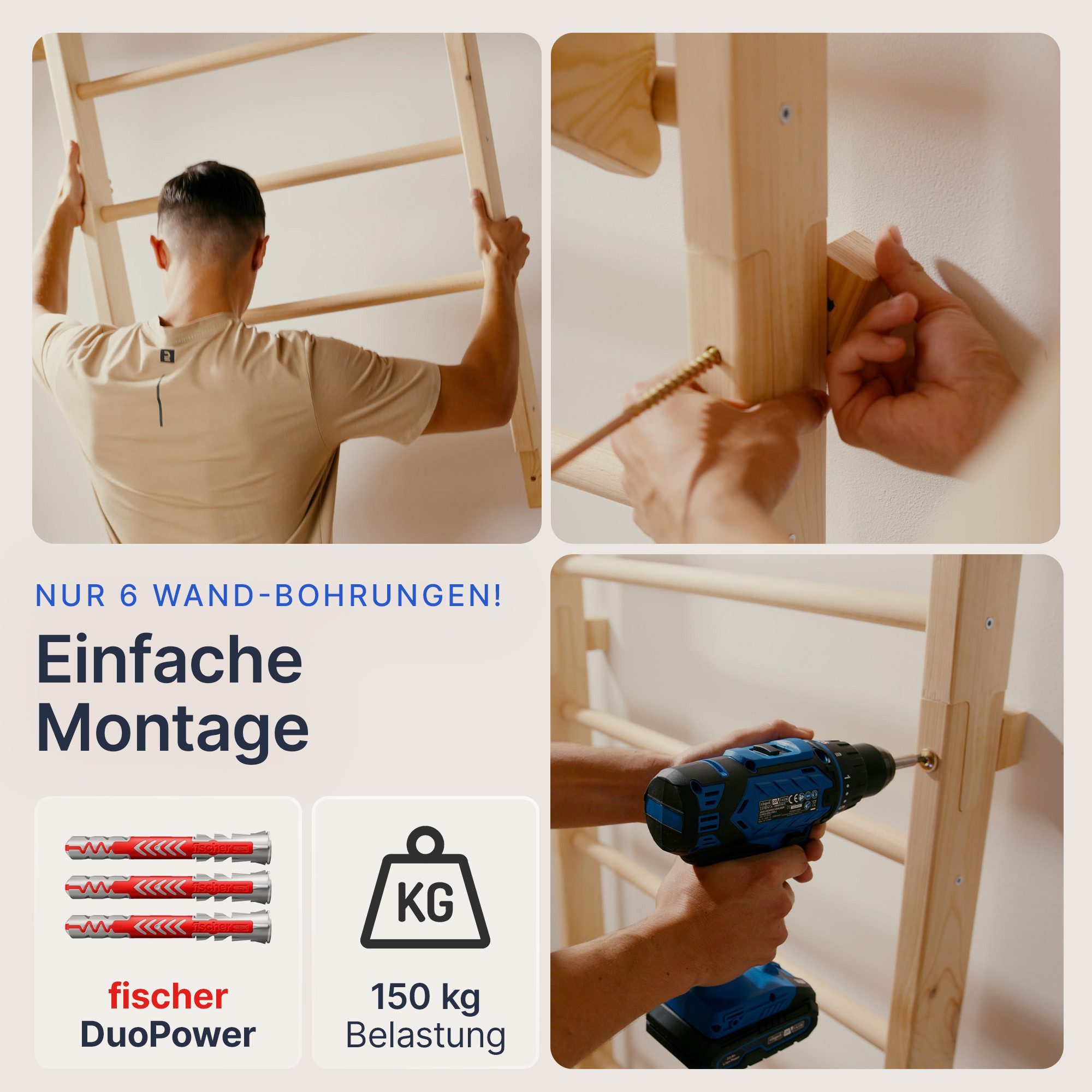 gurkler Sprossenwand für Erwachsene und Kinder, (Kletterwand und Sprossenwand Kinderzimmer), inkl. Klimmzugstange & Dip-Station