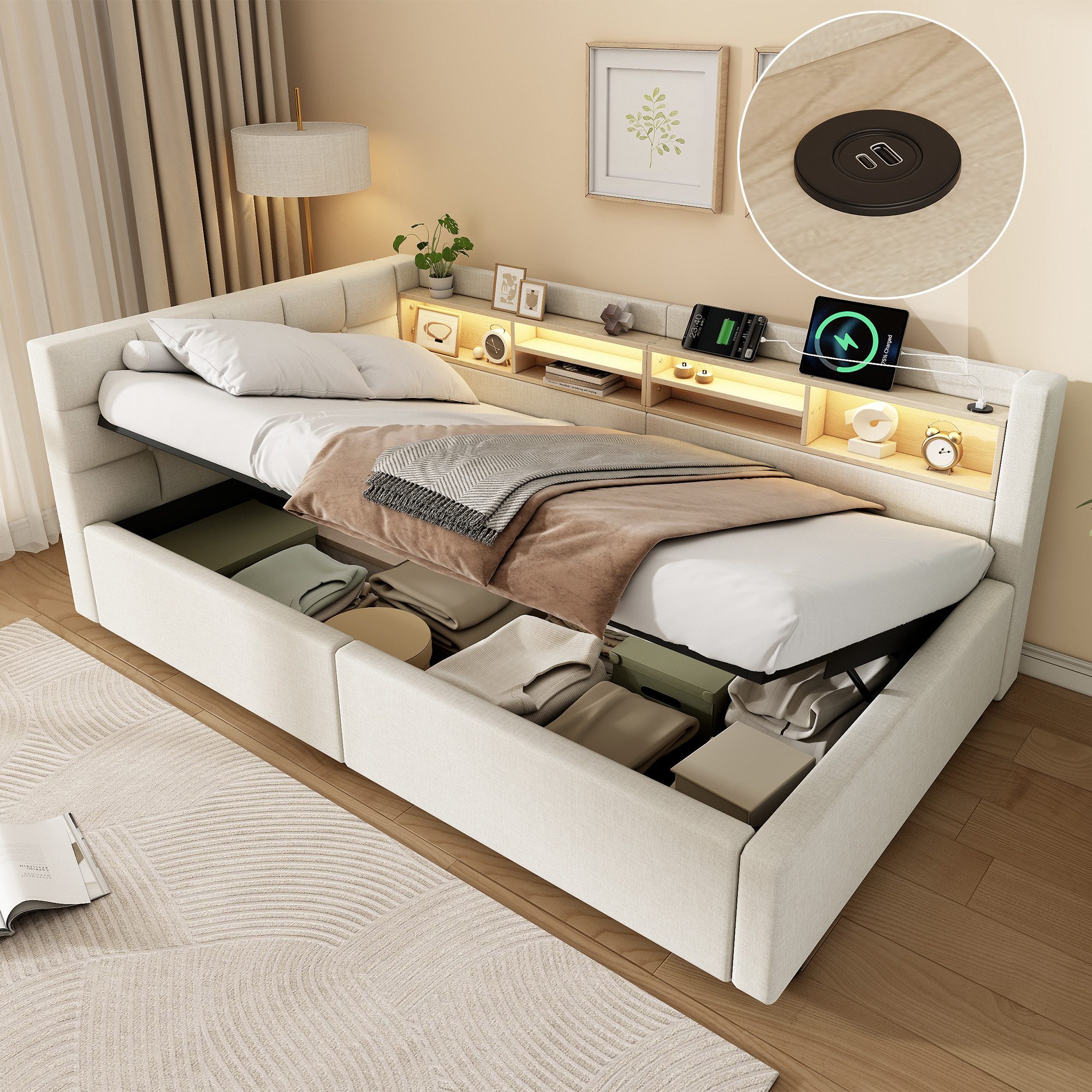 Merax Daybett mit LED-Beleuchtung & USB-Anschluss, Polsterbett mit Leinenbezug (Schlafsofa Jugendbett, 1 tlg), Tagesbett 90x200cm mit hydraulischem Stauraum & Seitenregalen