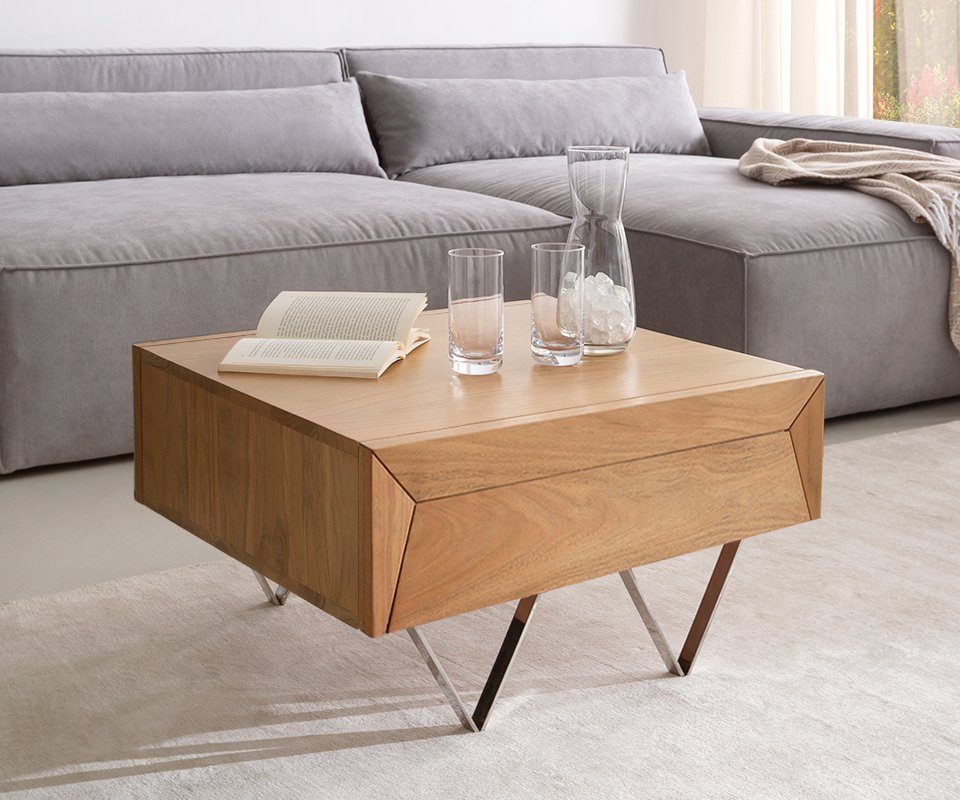DELIFE Couchtisch Kayu, Akazie Natur 60x60 cm 2 Schübe V-Fuß Edelstahl Couc günstig online kaufen