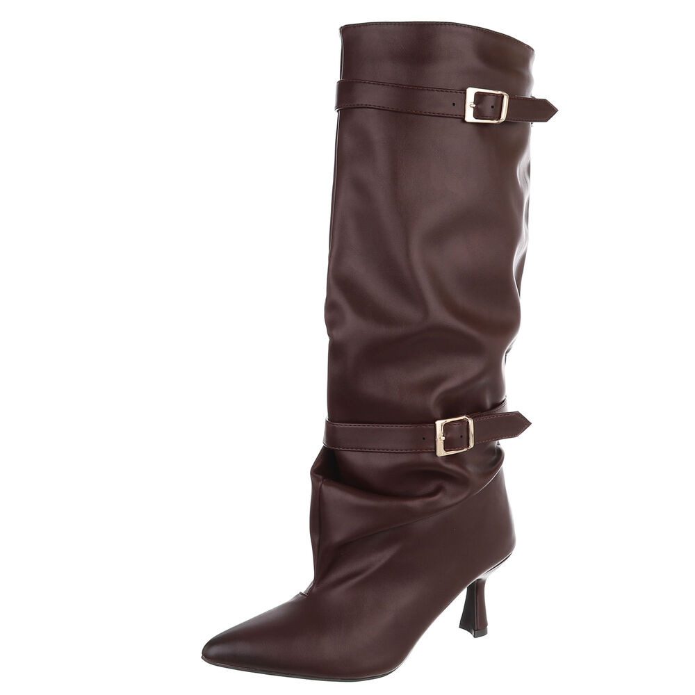 Ital-Design Damen Kniehohe Stiefel mit Schnallen und Absatz High-Heel-Stiefel (92125341) Pfennig-/Stilettoabsatz Stiefel in Weinrot