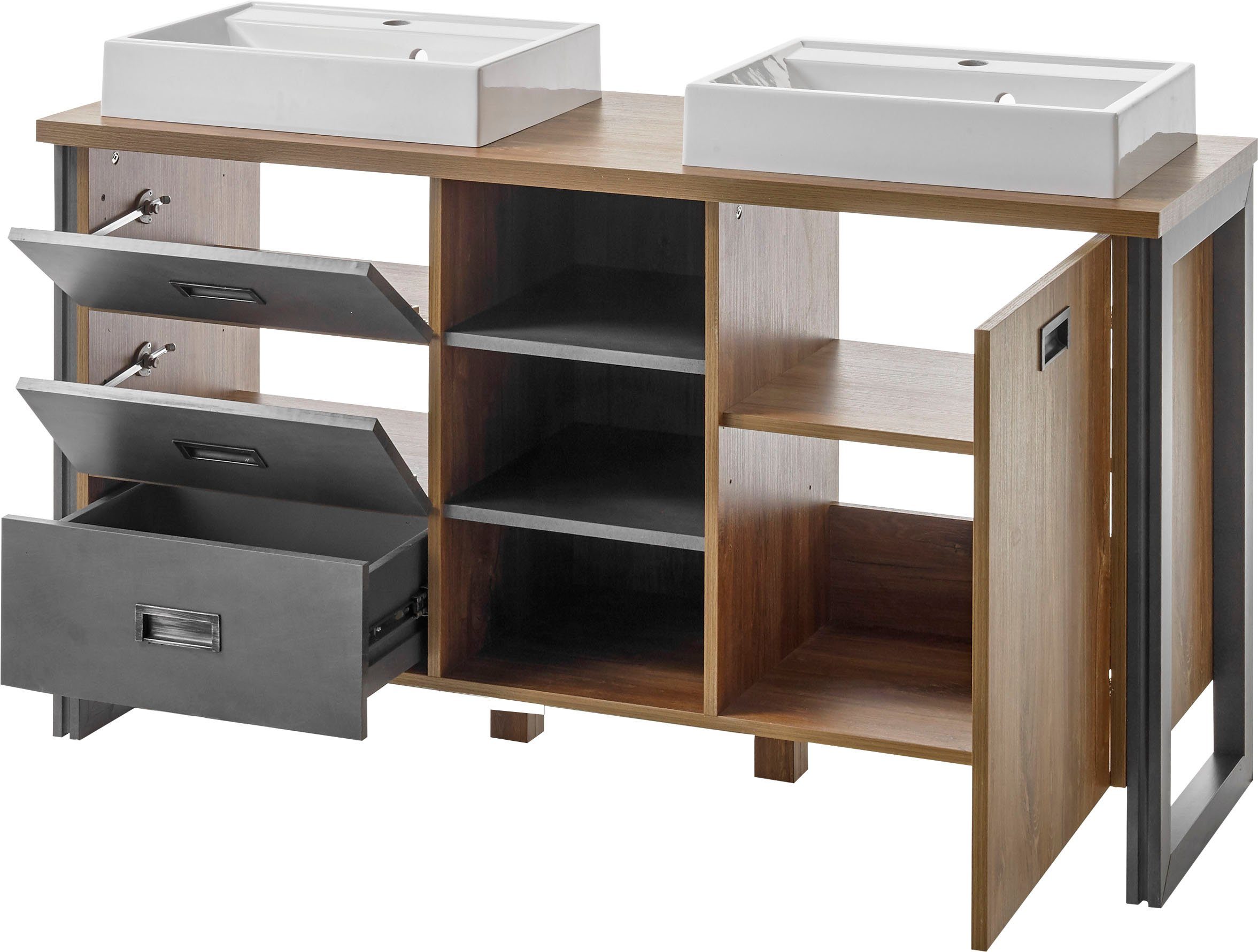 Home affaire Waschtisch Detroit, Unterschrank mit Apothekergriff, Badschrank, Industrialdesign