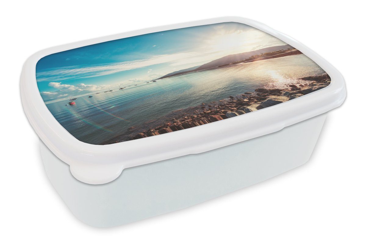 MuchoWow Lunchbox Meer - Boot - Berg, Kunststoff, (2-tlg), Brotbox für Kinder und Erwachsene, Brotdose, für Jungs und Mädchen weiß