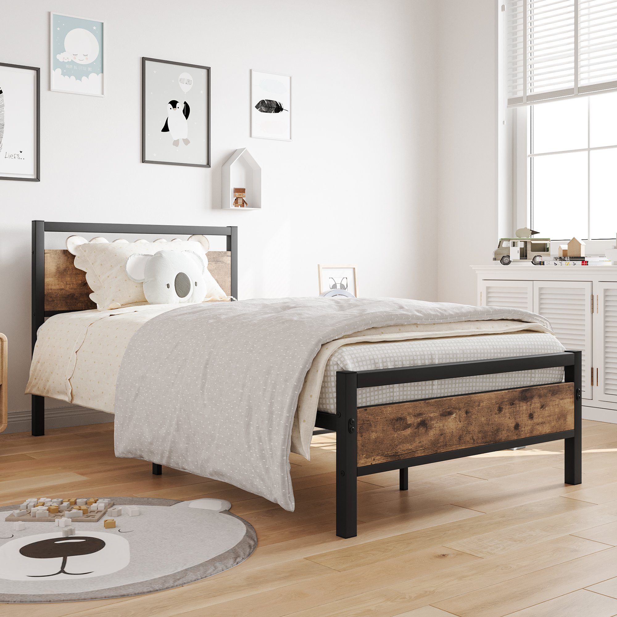 OKWISH Metallbett Jugendbett mit Lattenrost ohne Matratze, mit Kopfteil Schwarz+Braun