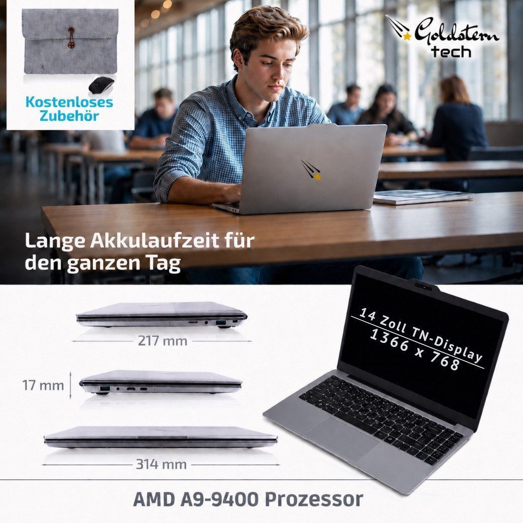 Goldstern-Tech Notebook (35,56 cm/14 Zoll, AMD AMD A9-9400, AMD Radeon R5 Serie, 256 GB SSD, Ultraleicht, Windows 11 Pro & zuverlässiger Akkulaufzeit)